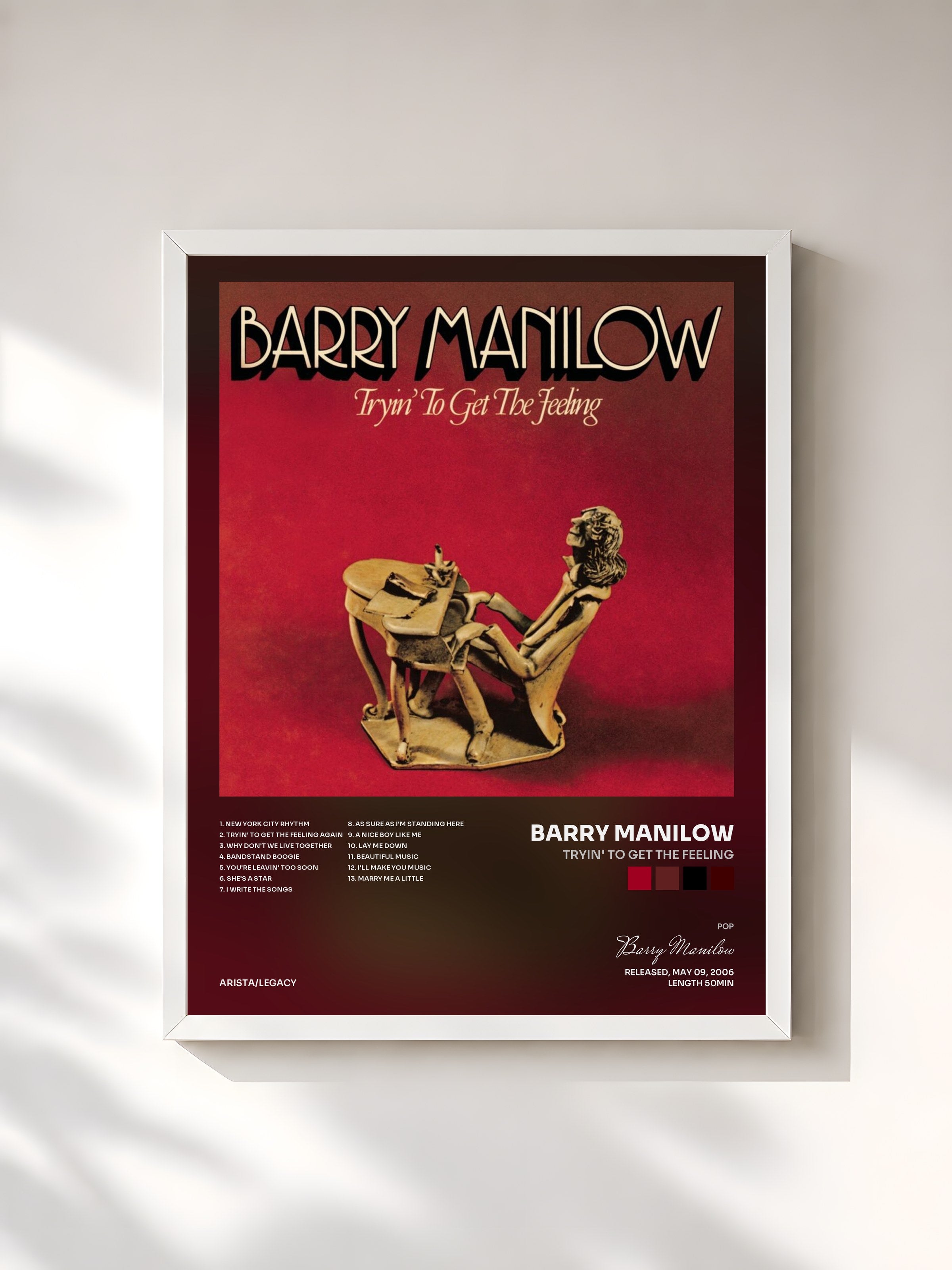 #blanc Tableau de l'album Tryin' To Get The Feeling de Barry Manilow, cadre blanc, imprimé et encadré en France