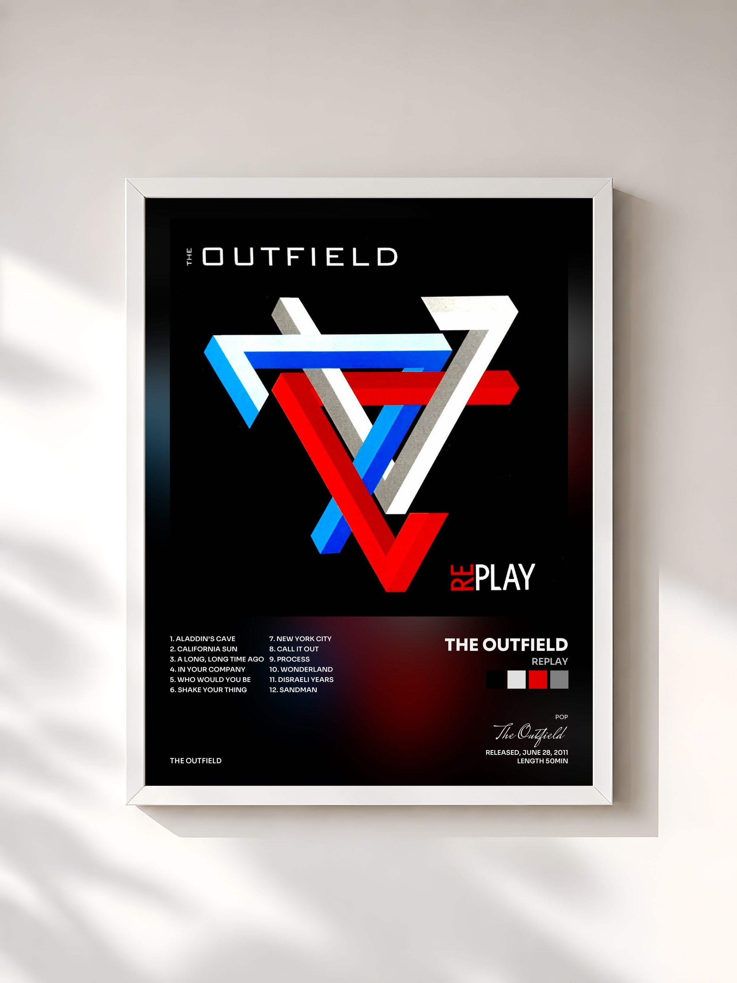#blanc Tableau de l'album Replay de The Outfield, cadre blanc, imprimé et encadré en France