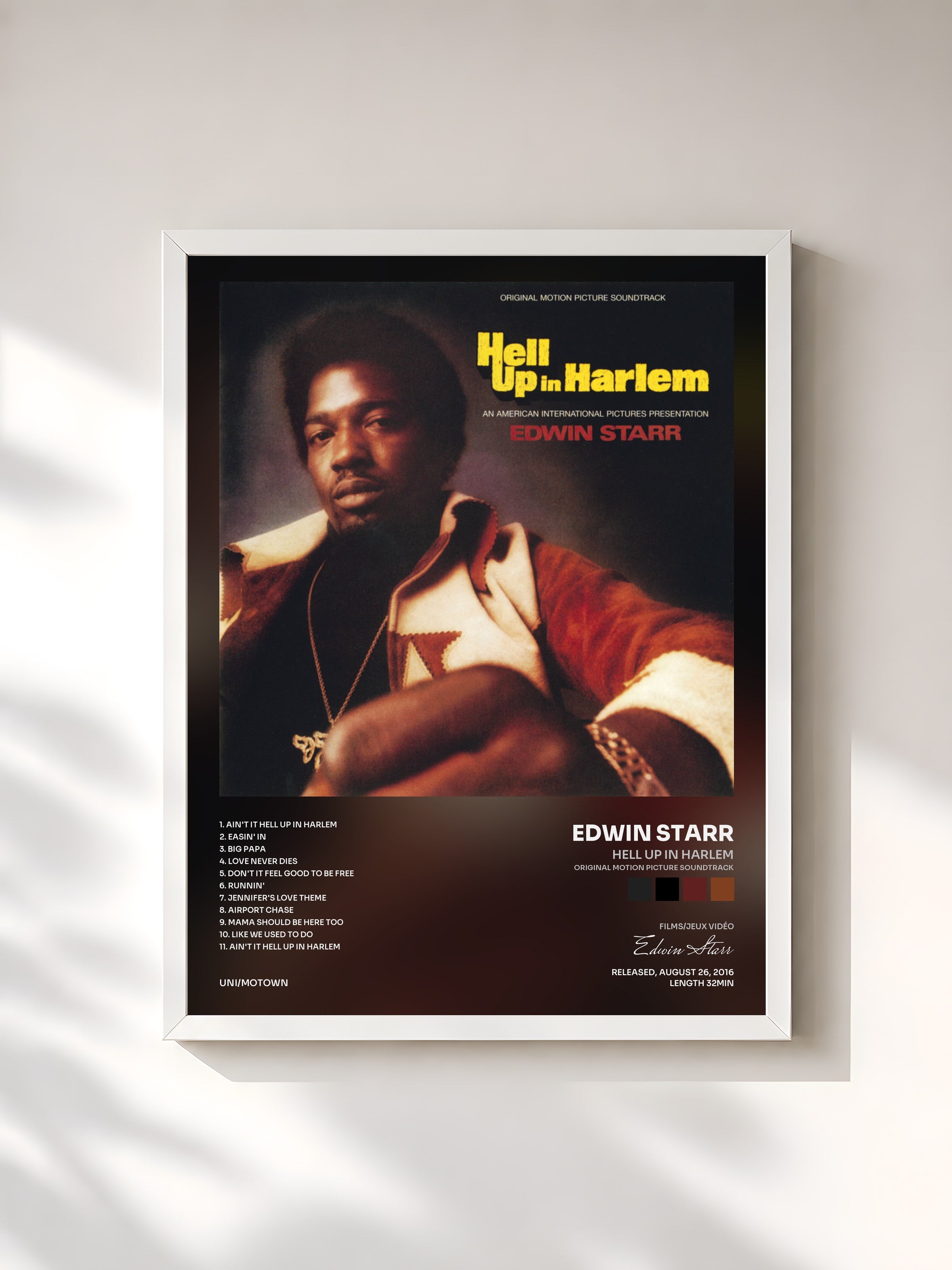 #blanc Tableau de l'album Hell Up In Harlem (Original Motion Picture Soundtrack) de Edwin Starr, cadre blanc, imprimé et encadré en France