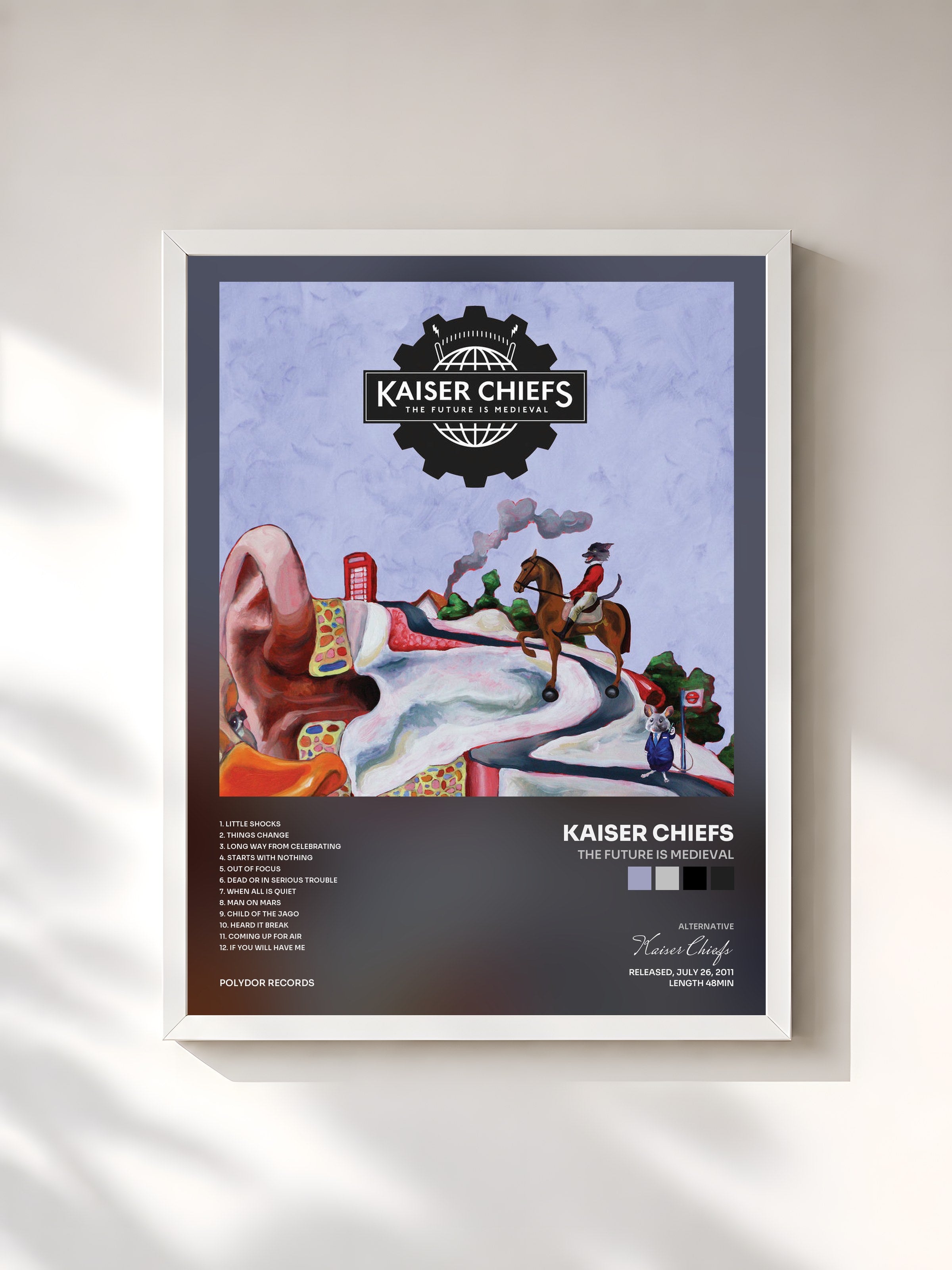 #blanc Tableau de l'album The Future Is Medieval de Kaiser Chiefs, cadre blanc, imprimé et encadré en France