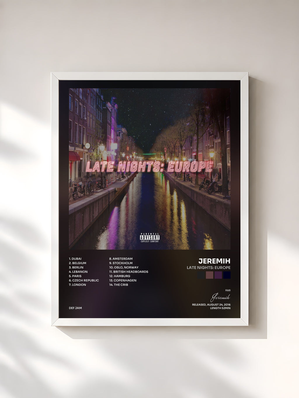 #blanc Tableau de l'album Late Nights: Europe de Jeremih, cadre blanc, imprimé et encadré en France