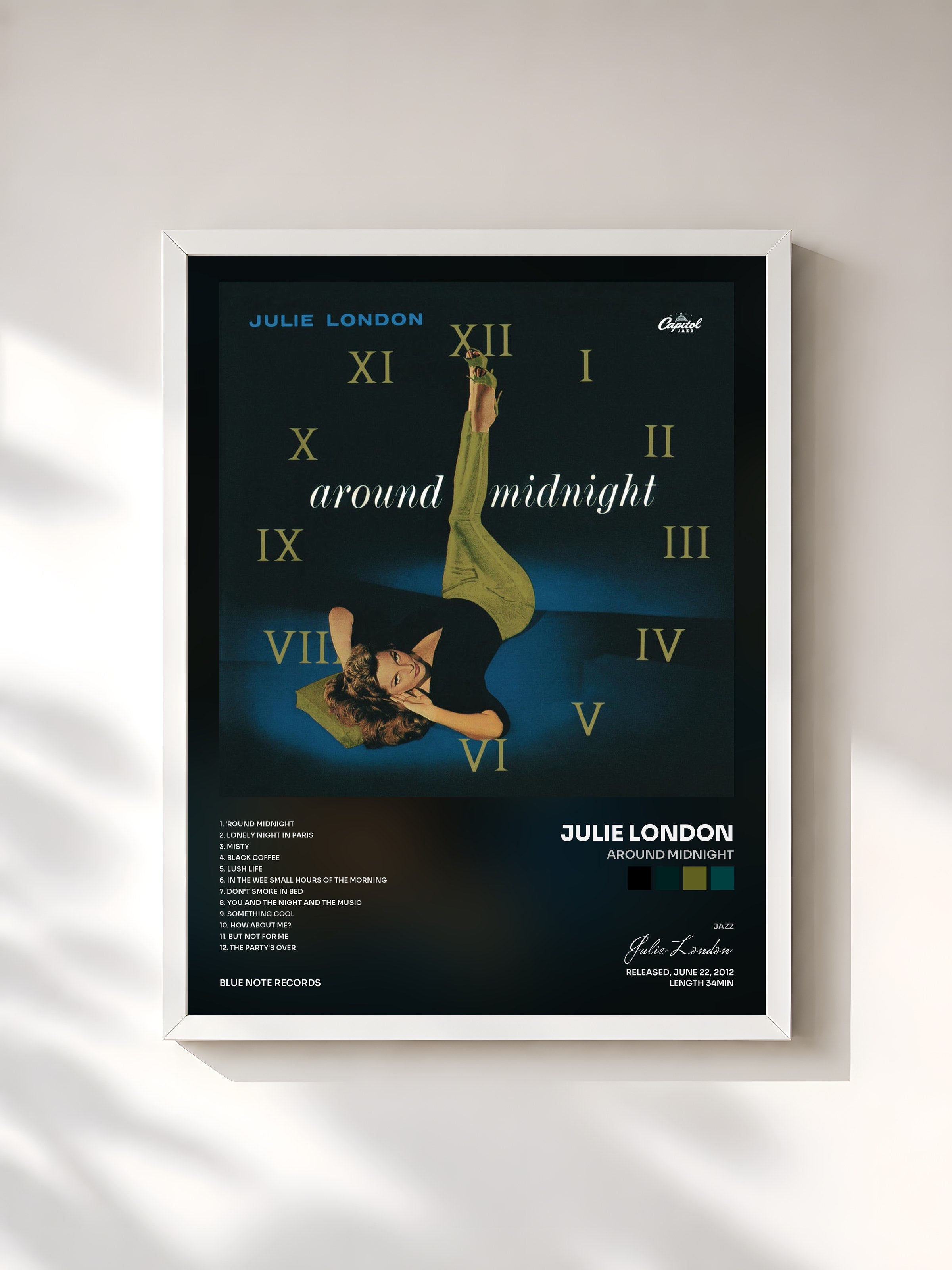 #blanc Tableau de l'album Around Midnight de Julie London, cadre blanc, imprimé et encadré en France