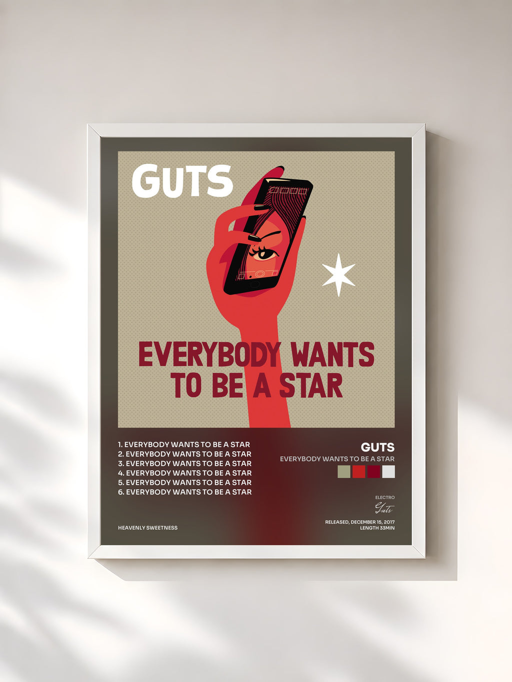 #blanc Everybody Wants to Be a Star by Guts as a framed art print, white frame, printed and framed in France