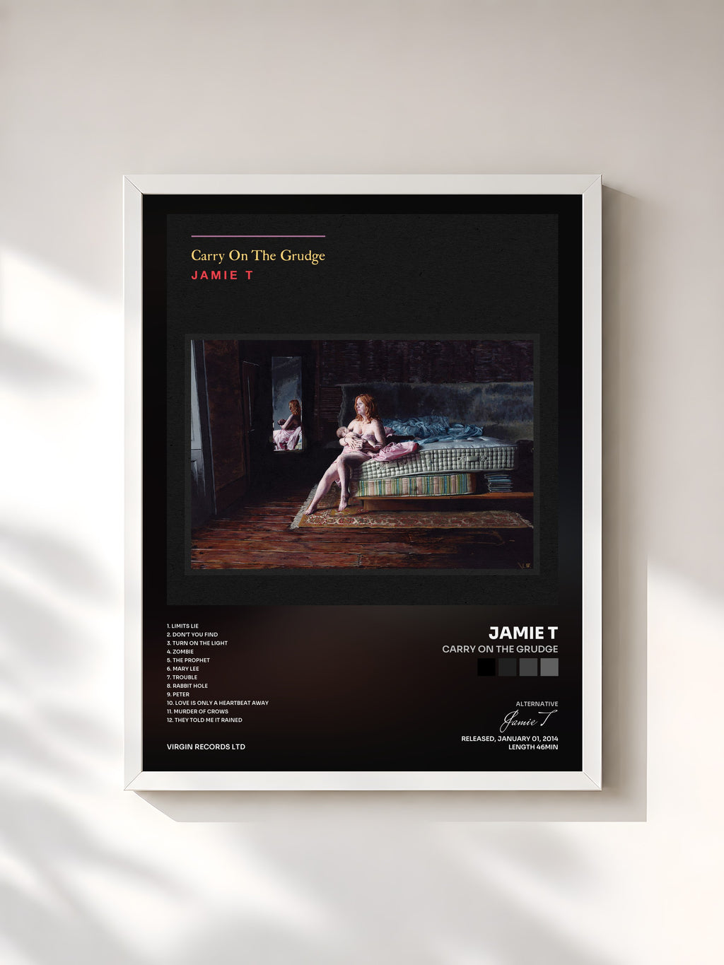 #blanc Tableau de l'album Carry On The Grudge de Jamie T, cadre blanc, imprimé et encadré en France