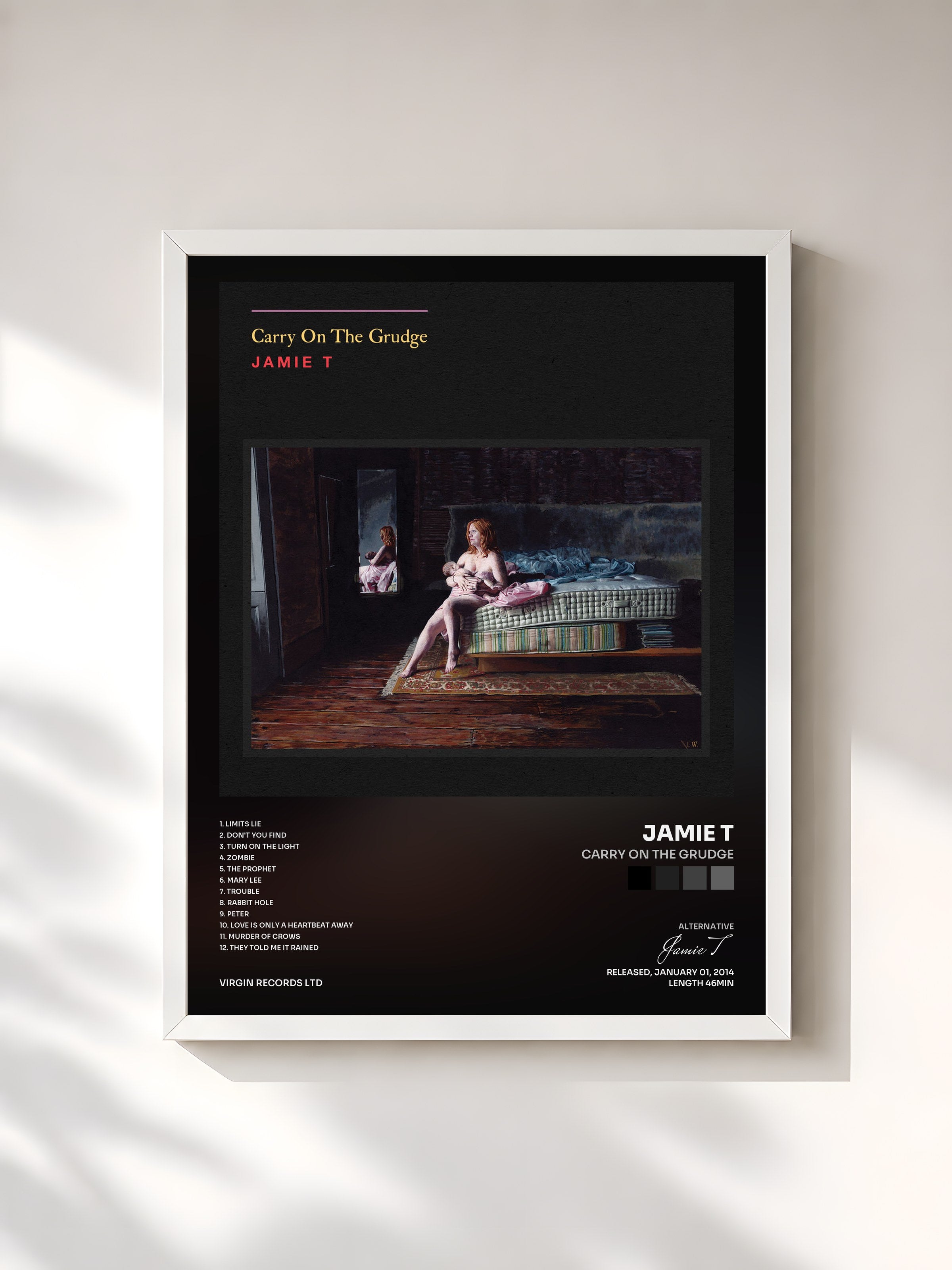 #blanc Tableau de l'album Carry On The Grudge de Jamie T, cadre blanc, imprimé et encadré en France