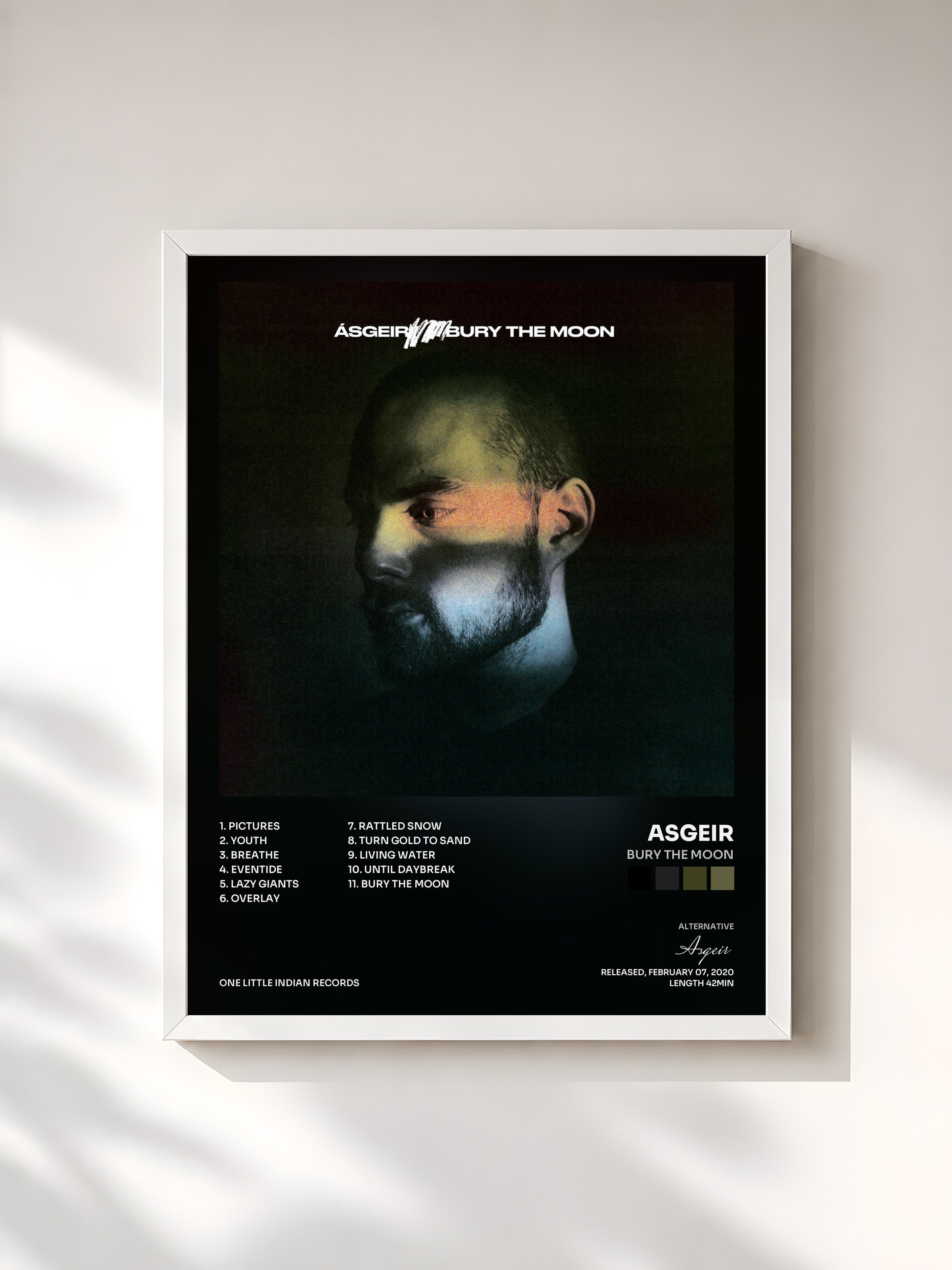 #blanc Tableau de l'album Bury the Moon de Asgeir, cadre blanc, imprimé et encadré en France