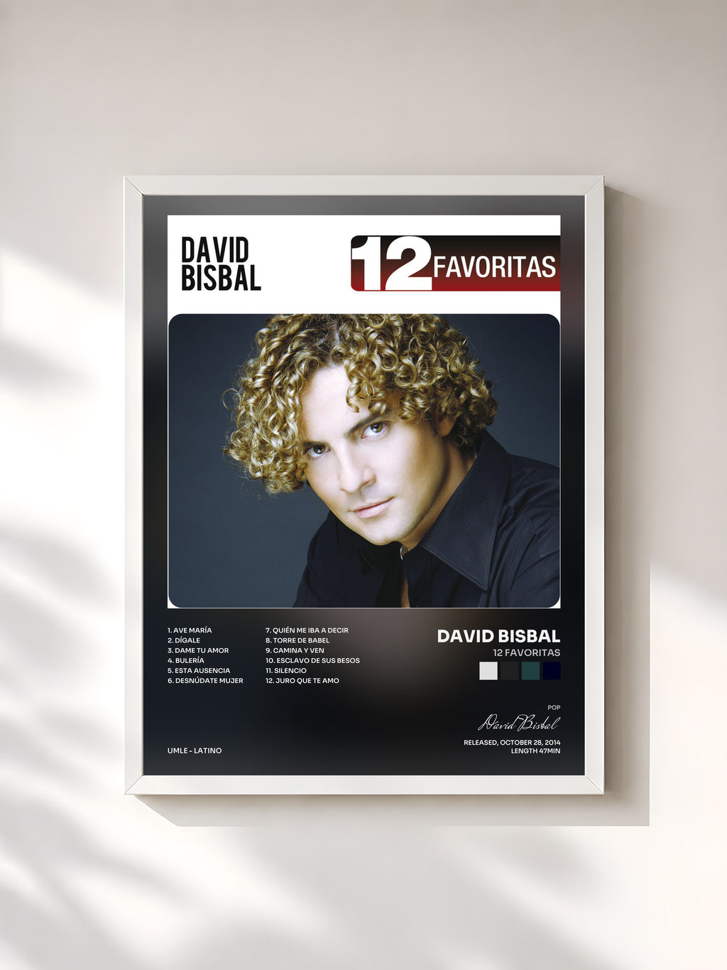 #blanc Tableau de l'album 12 Favoritas de David Bisbal, cadre blanc, imprimé et encadré en France