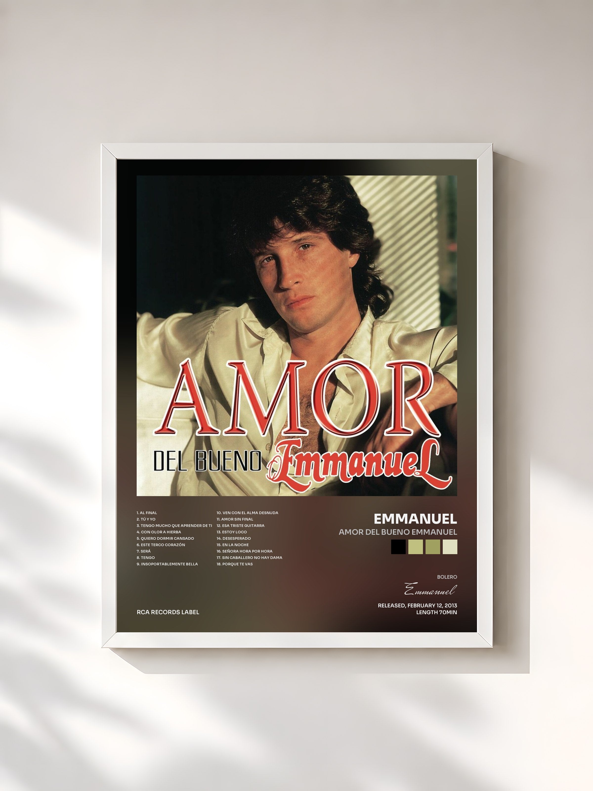 #blanc Tableau de l'album Amor Del Bueno Emmanuel de Emmanuel, cadre blanc, imprimé et encadré en France