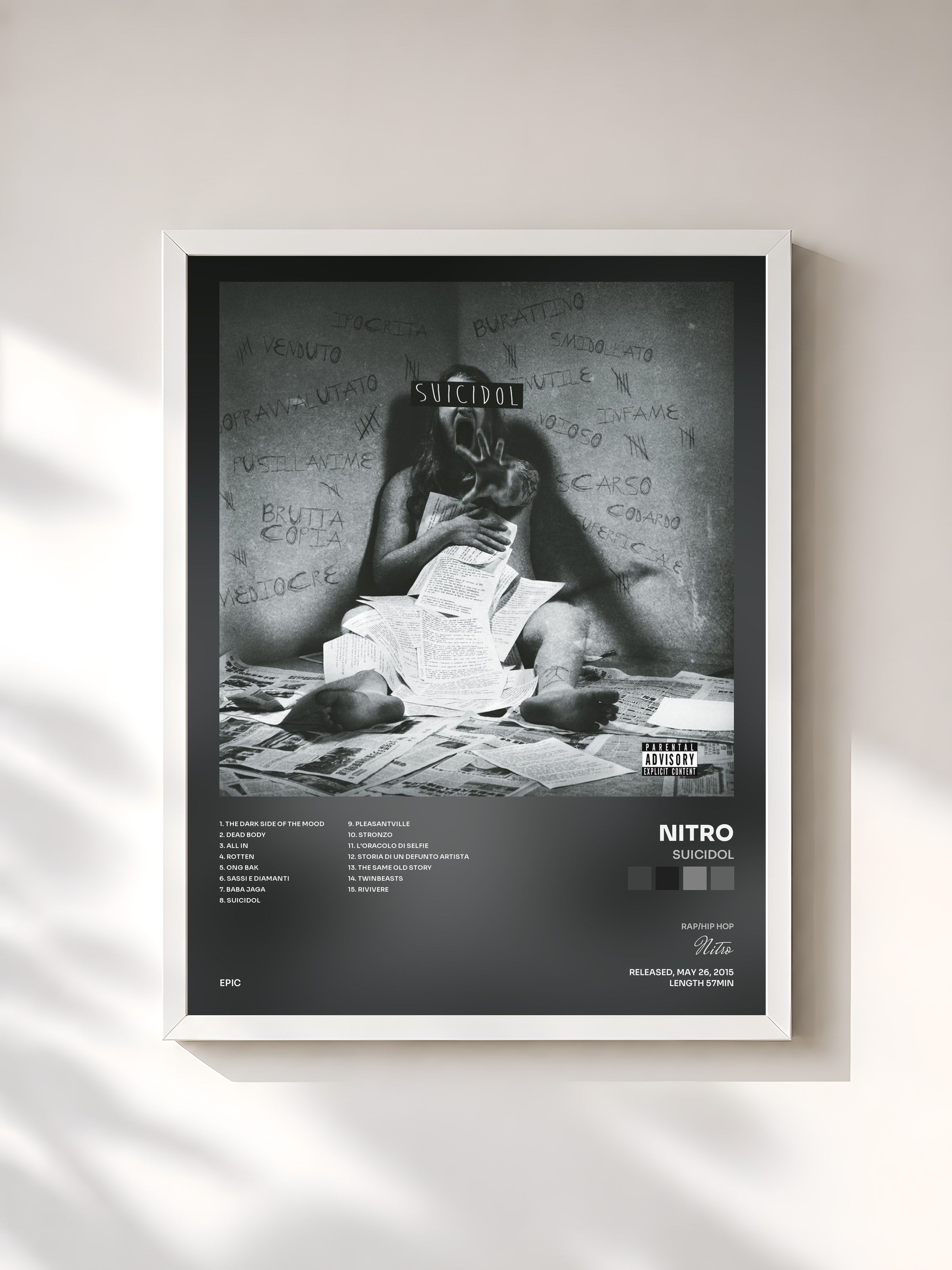 #blanc Tableau de l'album Suicidol de Nitro, cadre blanc, imprimé et encadré en France