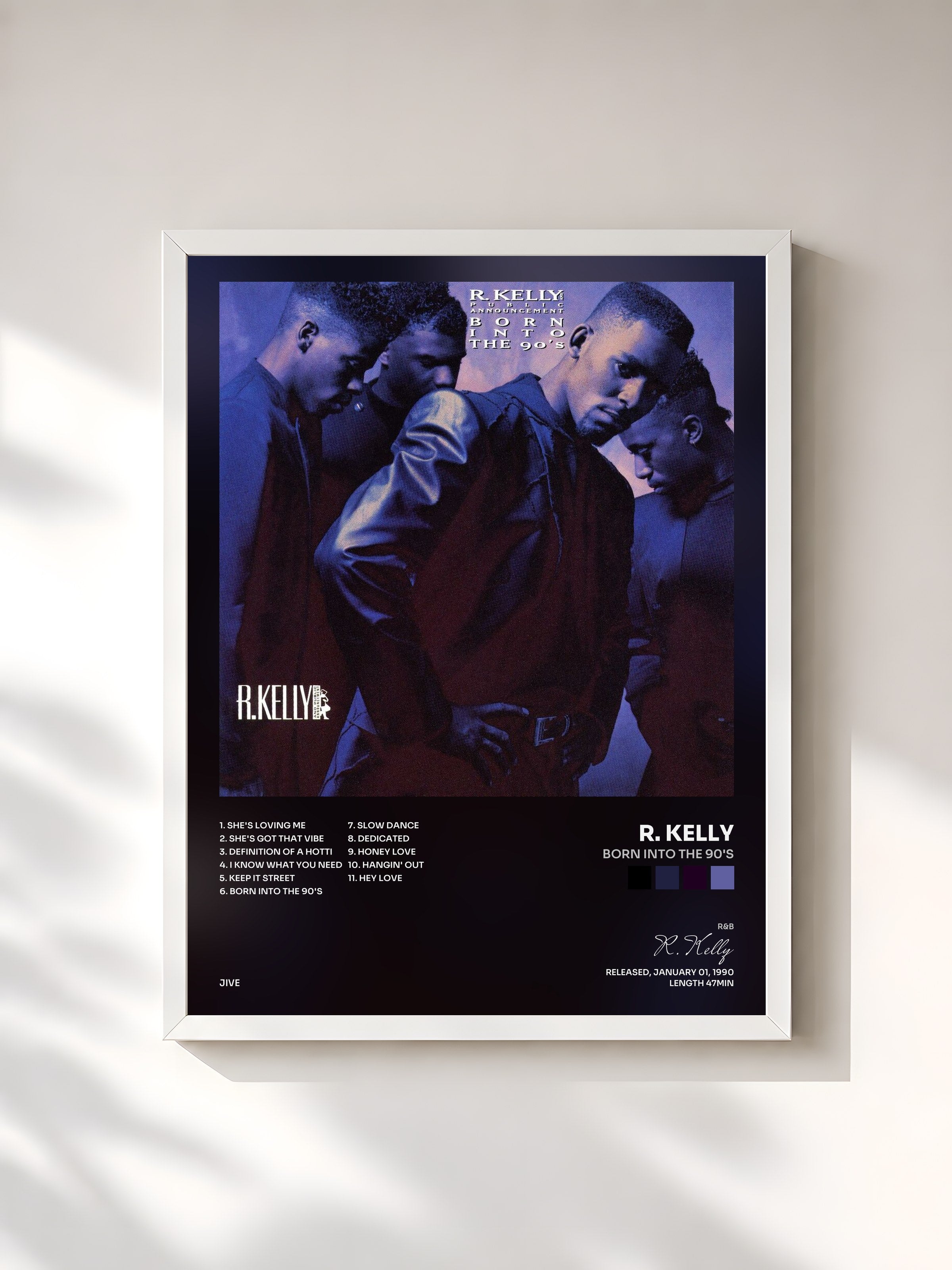 #blanc Tableau de l'album Born Into The 90's de R. Kelly, cadre blanc, imprimé et encadré en France
