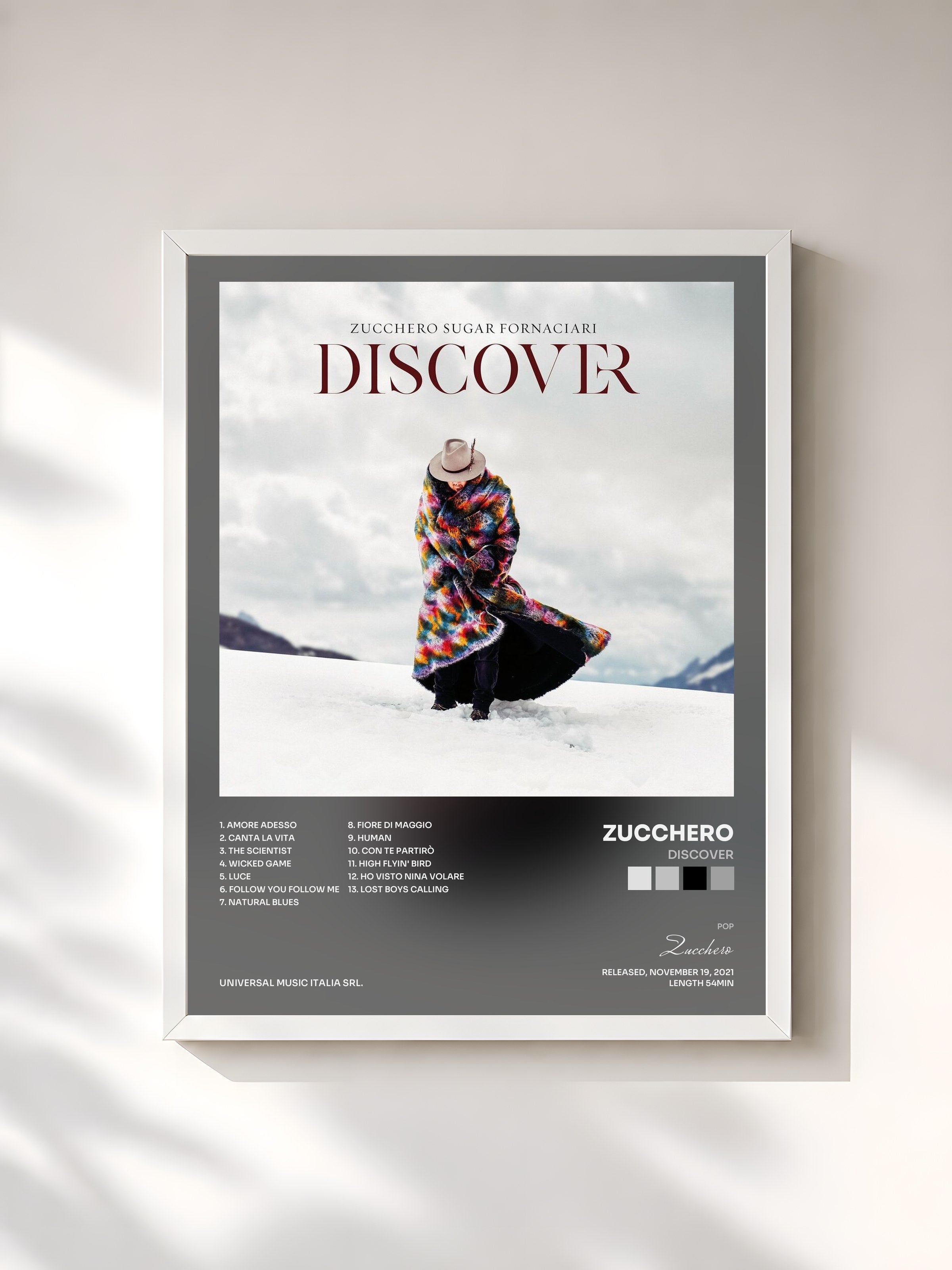 #blanc Tableau de l'album Discover de Zucchero, cadre blanc, imprimé et encadré en France