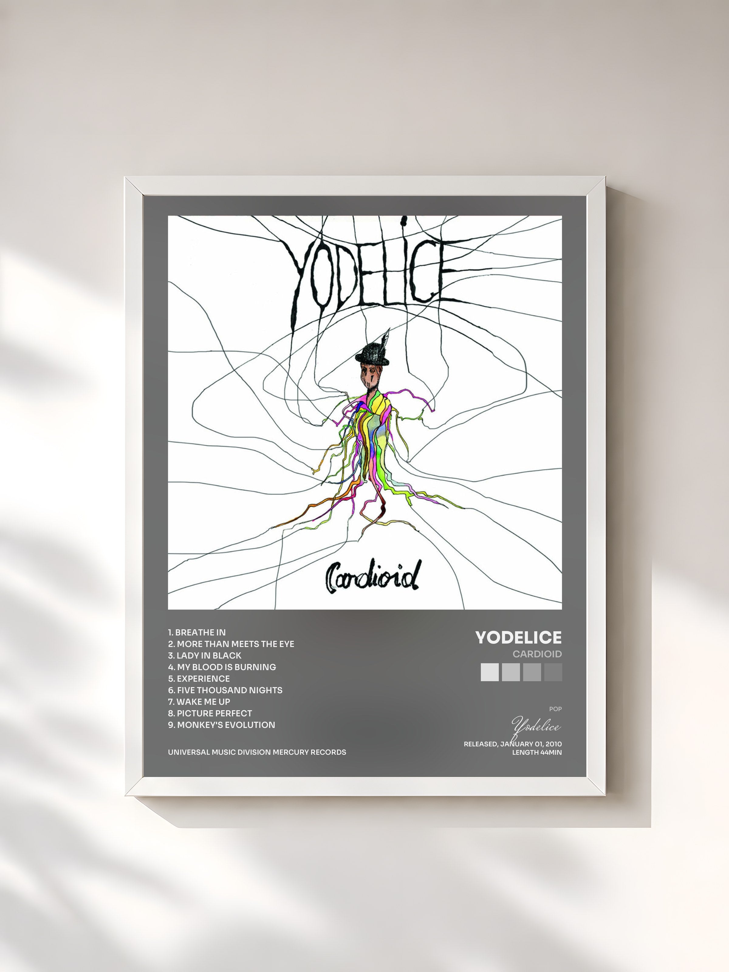 #blanc Tableau de l'album Cardioid de Yodelice, cadre blanc, imprimé et encadré en France