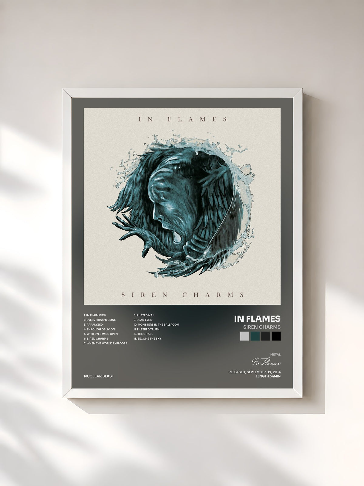 #blanc Tableau de l'album Siren Charms de In Flames, cadre blanc, imprimé et encadré en France