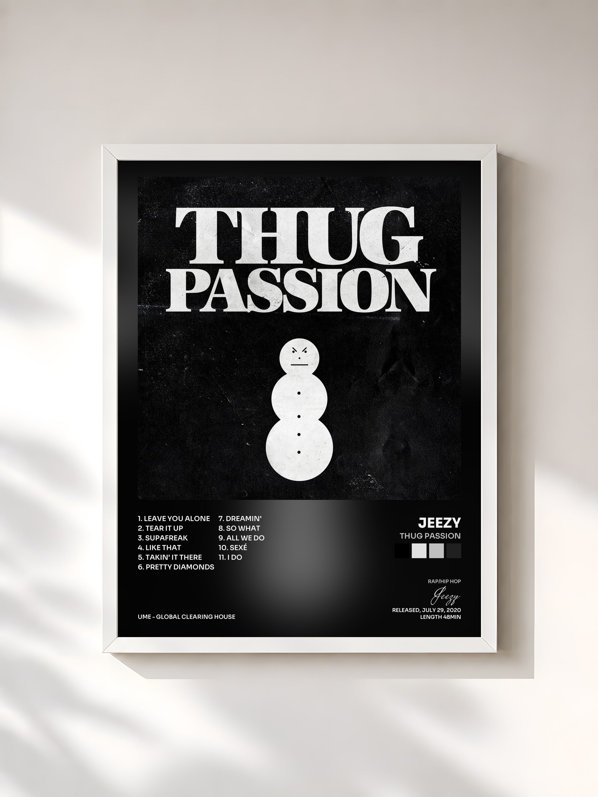 #blanc Tableau de l'album Thug Passion de Jeezy, cadre blanc, imprimé et encadré en France