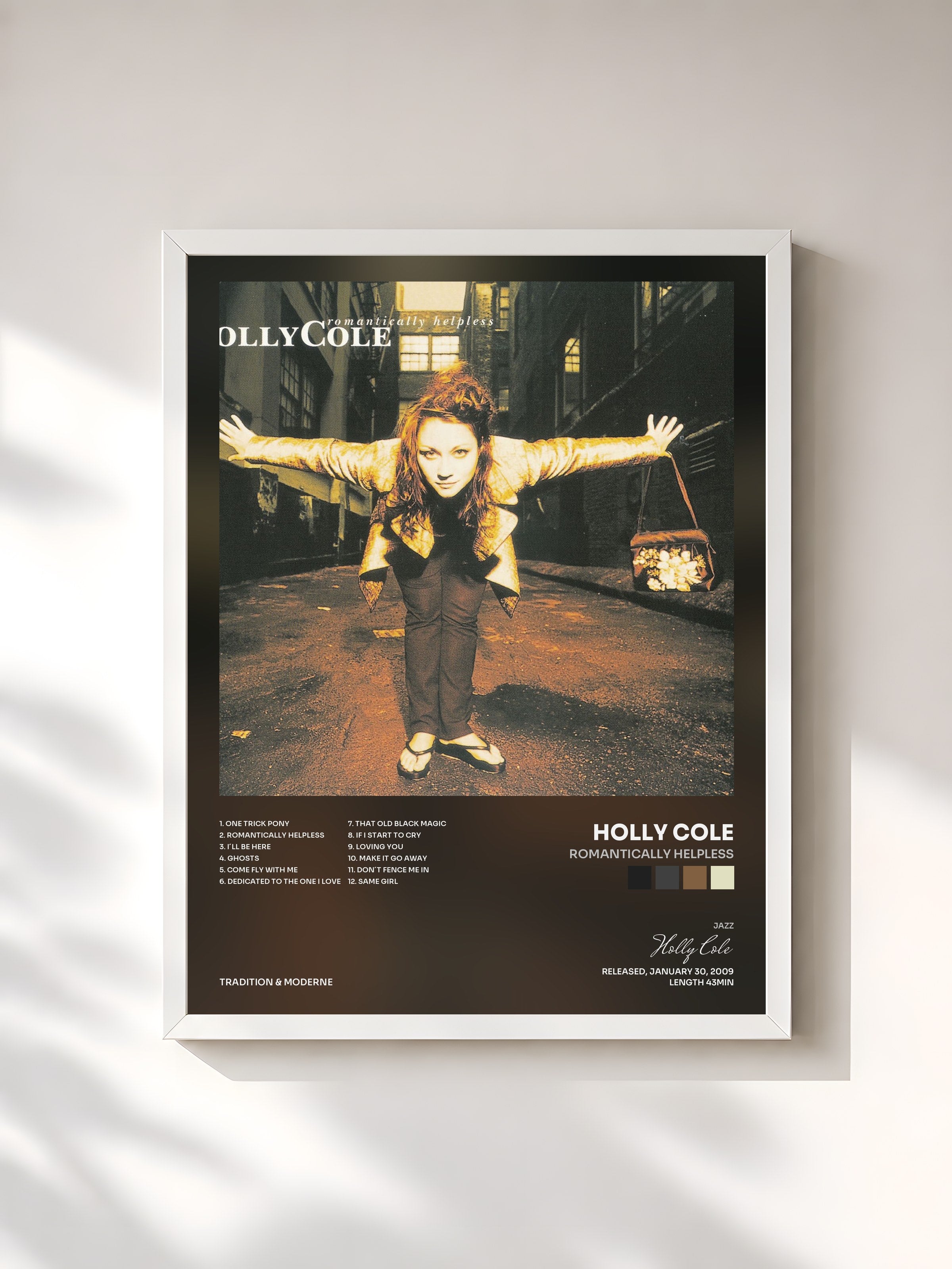 #blanc Tableau de l'album Romantically Helpless de Holly Cole, cadre blanc, imprimé et encadré en France