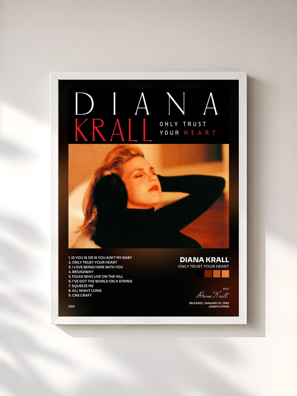 #blanc Tableau de l'album Only Trust Your Heart de Diana Krall, cadre blanc, imprimé et encadré en France