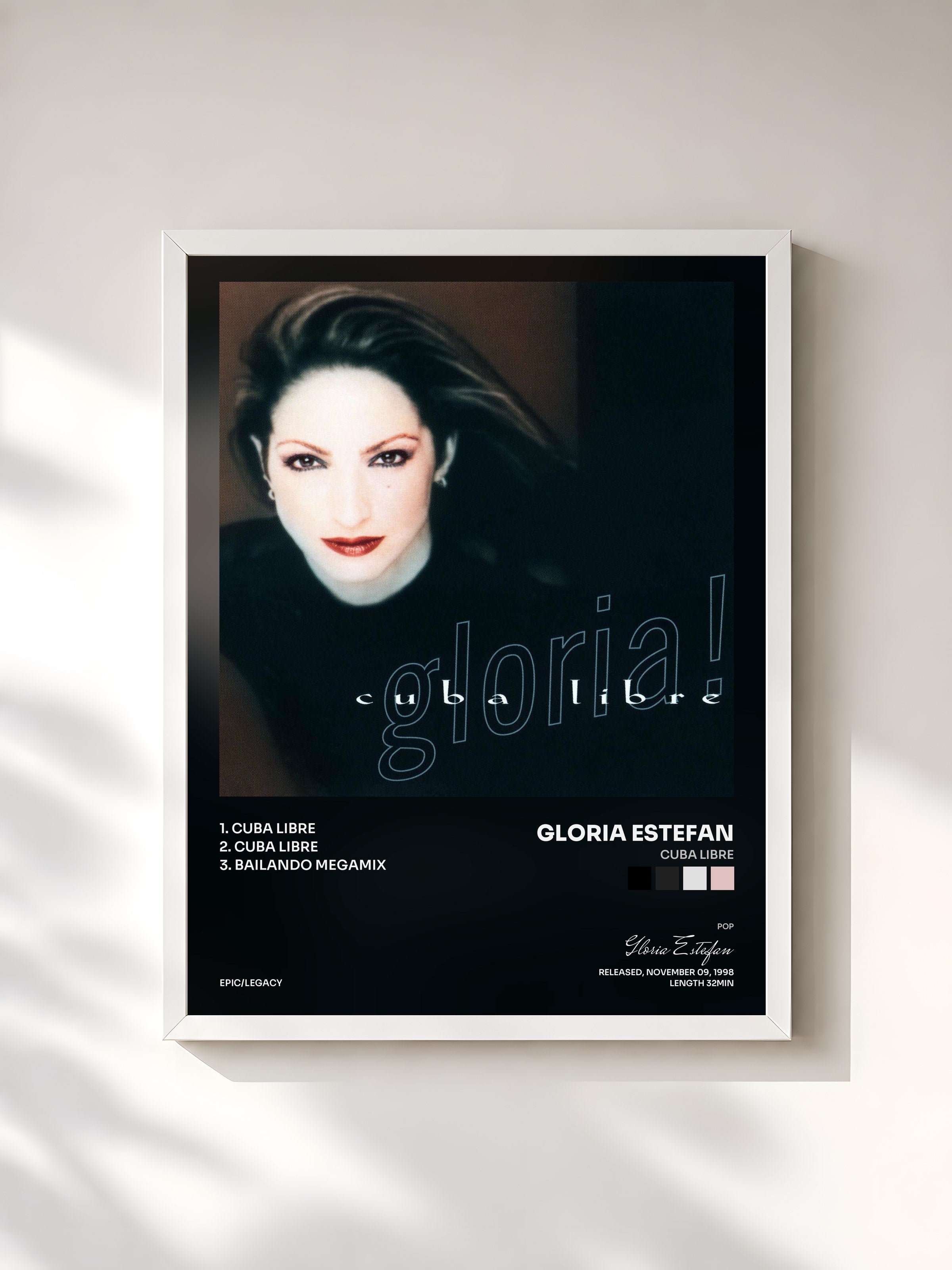 #blanc Tableau de l'album Cuba Libre de Gloria Estefan, cadre blanc, imprimé et encadré en France
