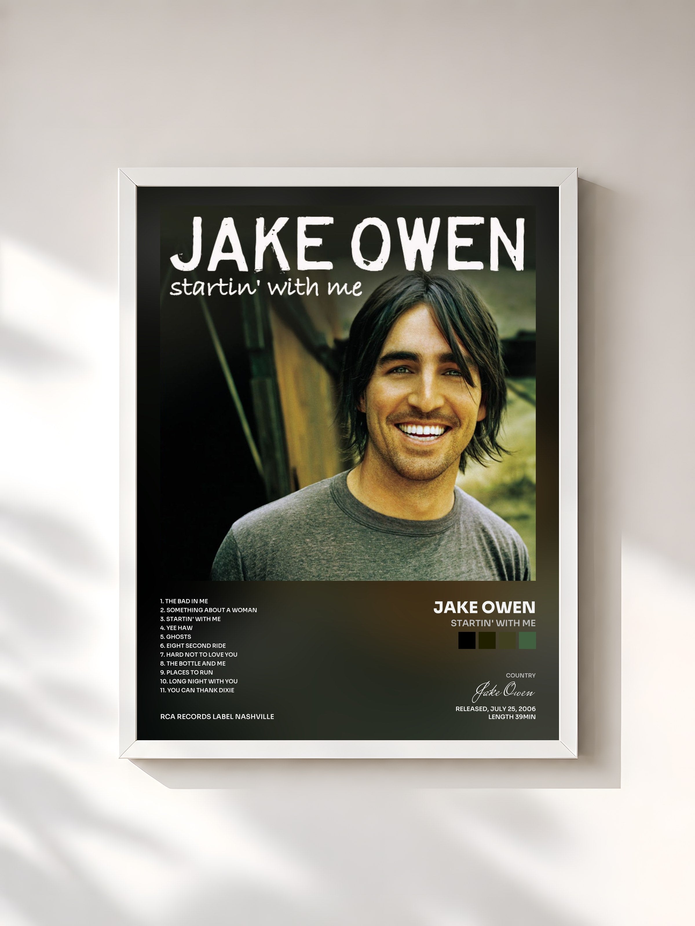 #blanc Tableau de l'album Startin' With Me de Jake Owen, cadre blanc, imprimé et encadré en France