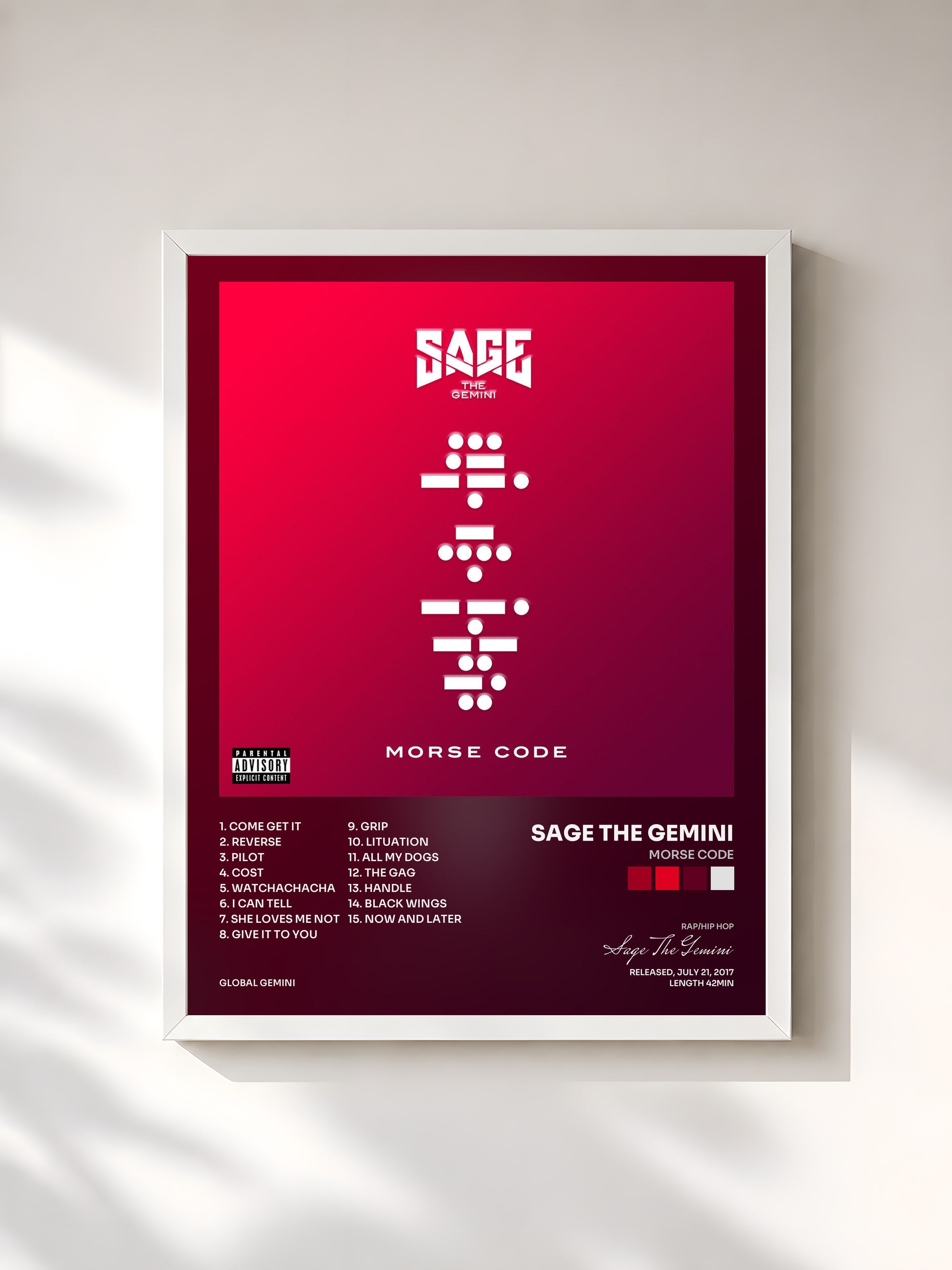 #blanc Tableau de l'album Morse Code de Sage The Gemini, cadre blanc, imprimé et encadré en France