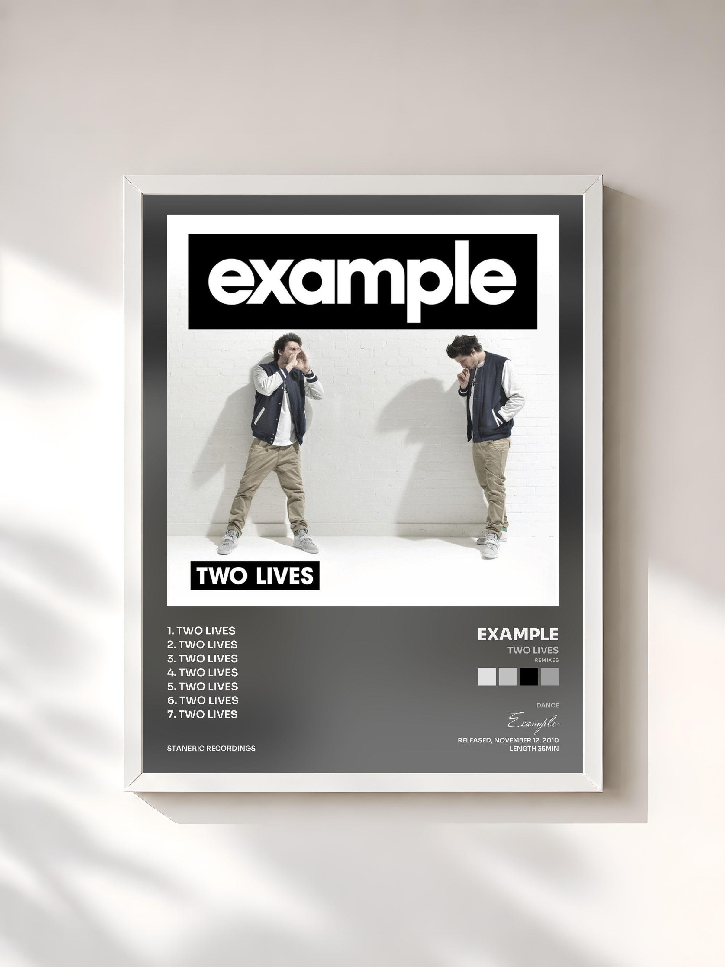 #blanc Tableau de l'album Two Lives (Remixes) de Example, cadre blanc, imprimé et encadré en France
