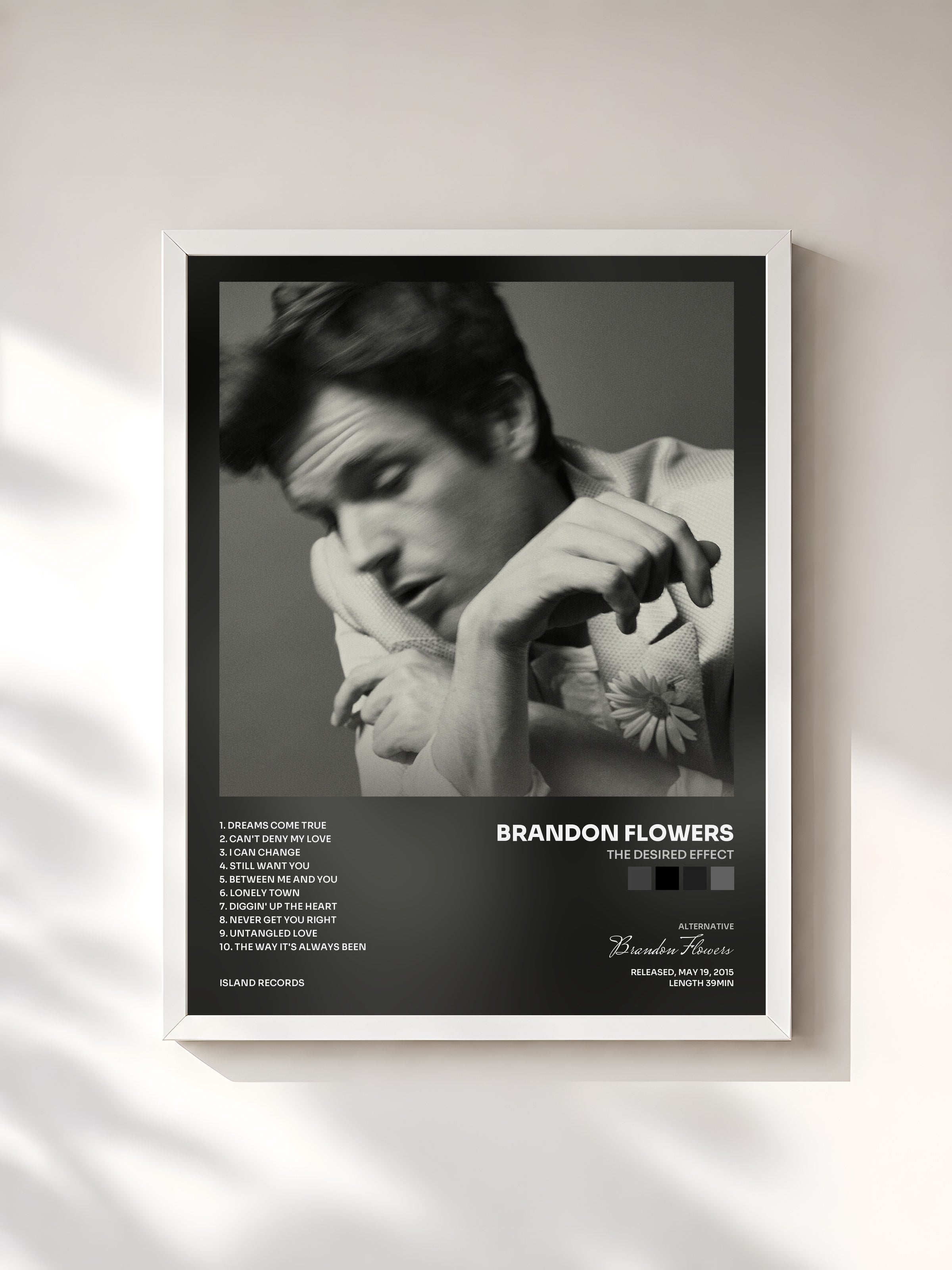 #blanc Tableau de l'album The Desired Effect de Brandon Flowers, cadre blanc, imprimé et encadré en France