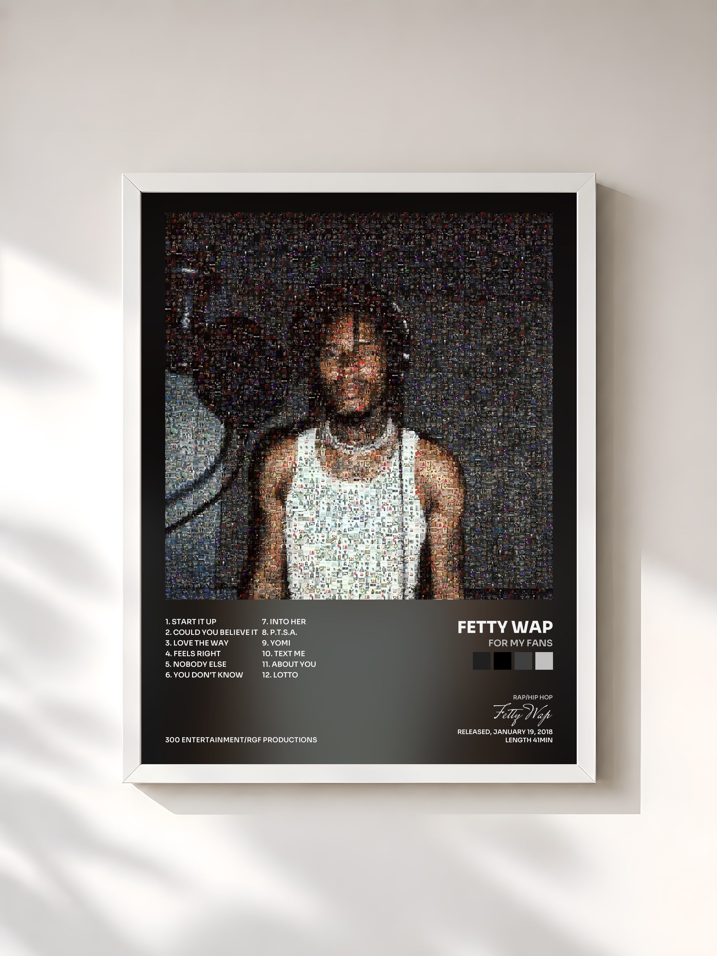 #blanc Tableau de l'album For My Fans de Fetty Wap, cadre blanc, imprimé et encadré en France