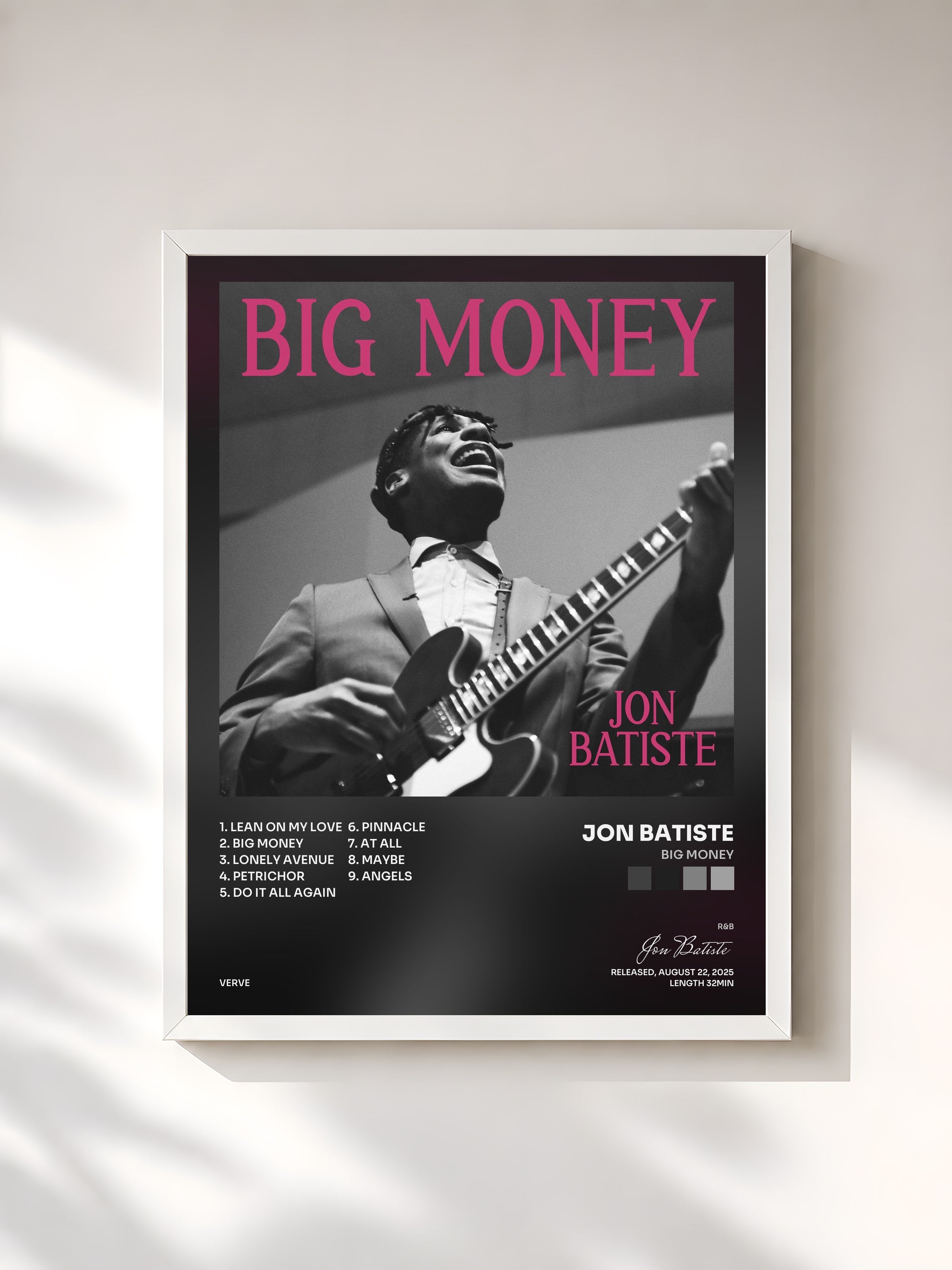 #blanc Tableau de l'album BIG MONEY de Jon Batiste, cadre blanc, imprimé et encadré en France