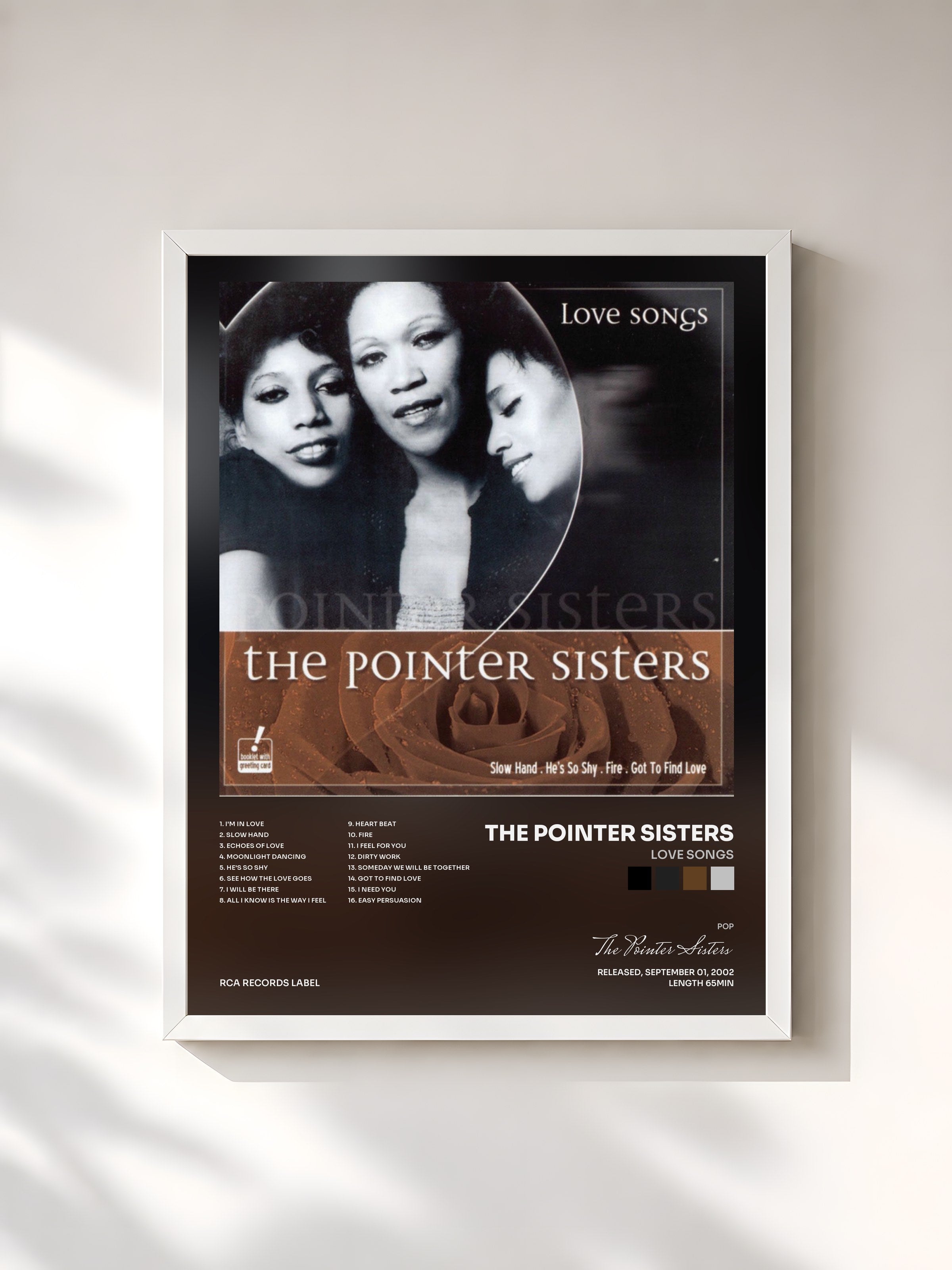 #blanc Tableau de l'album Love Songs de The Pointer Sisters, cadre blanc, imprimé et encadré en France