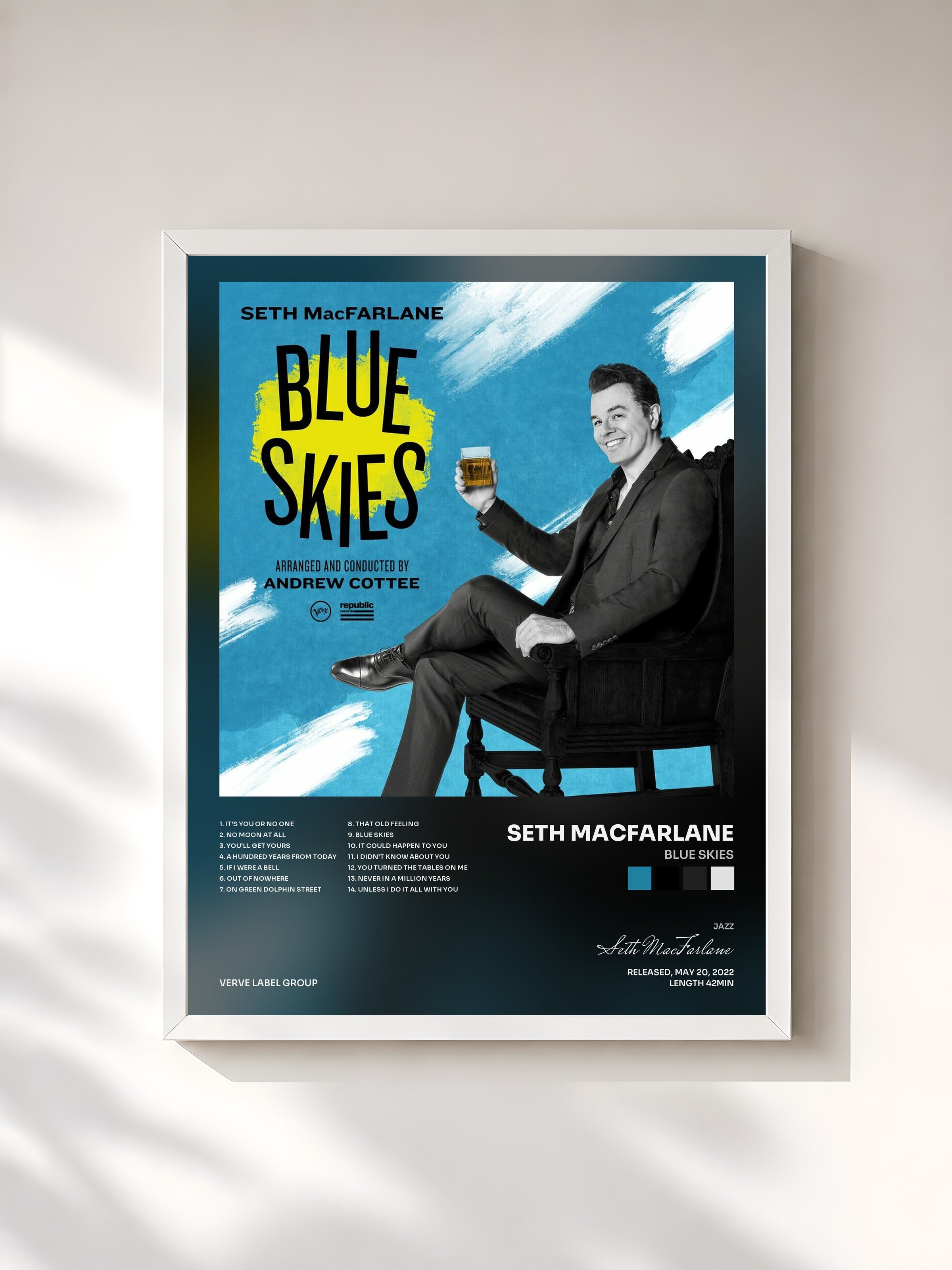 #blanc Tableau de l'album Blue Skies de Seth MacFarlane, cadre blanc, imprimé et encadré en France