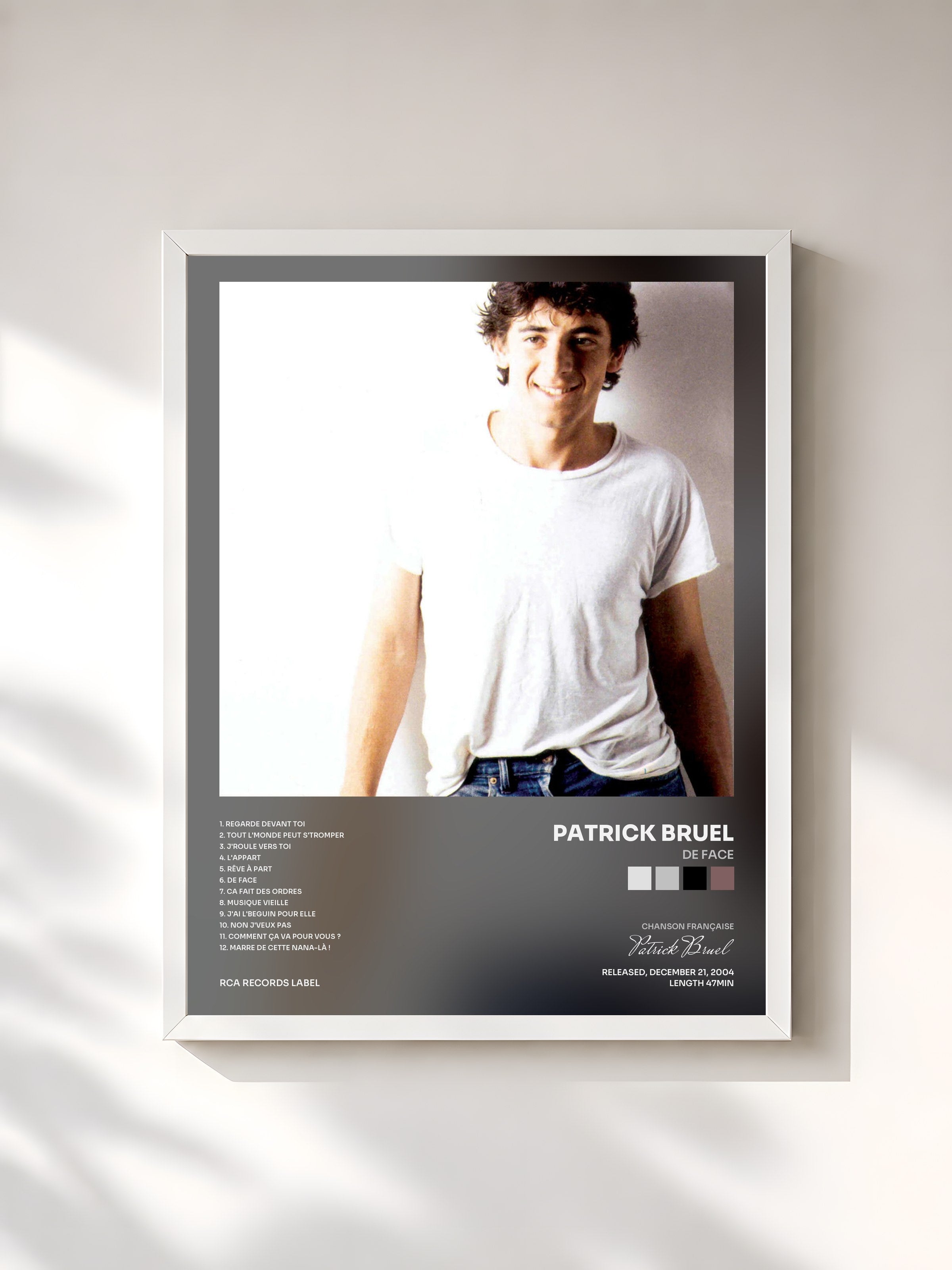 #blanc Tableau de l'album De Face de Patrick Bruel, cadre blanc, imprimé et encadré en France