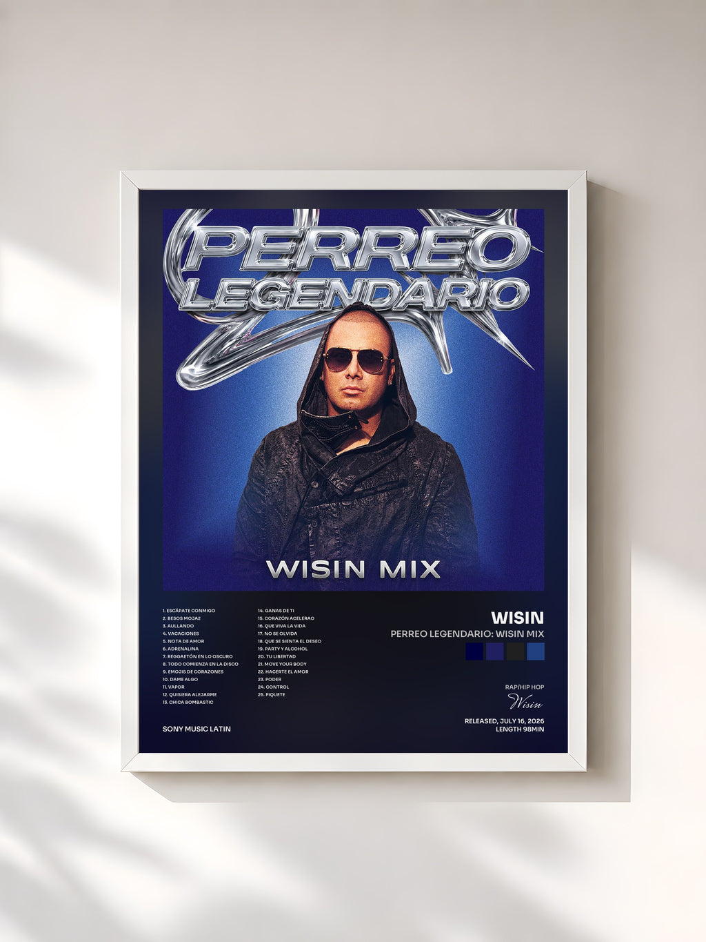 #blanc Tableau de l'album PERREO LEGENDARIO: WISIN MIX de Wisin, cadre blanc, imprimé et encadré en France