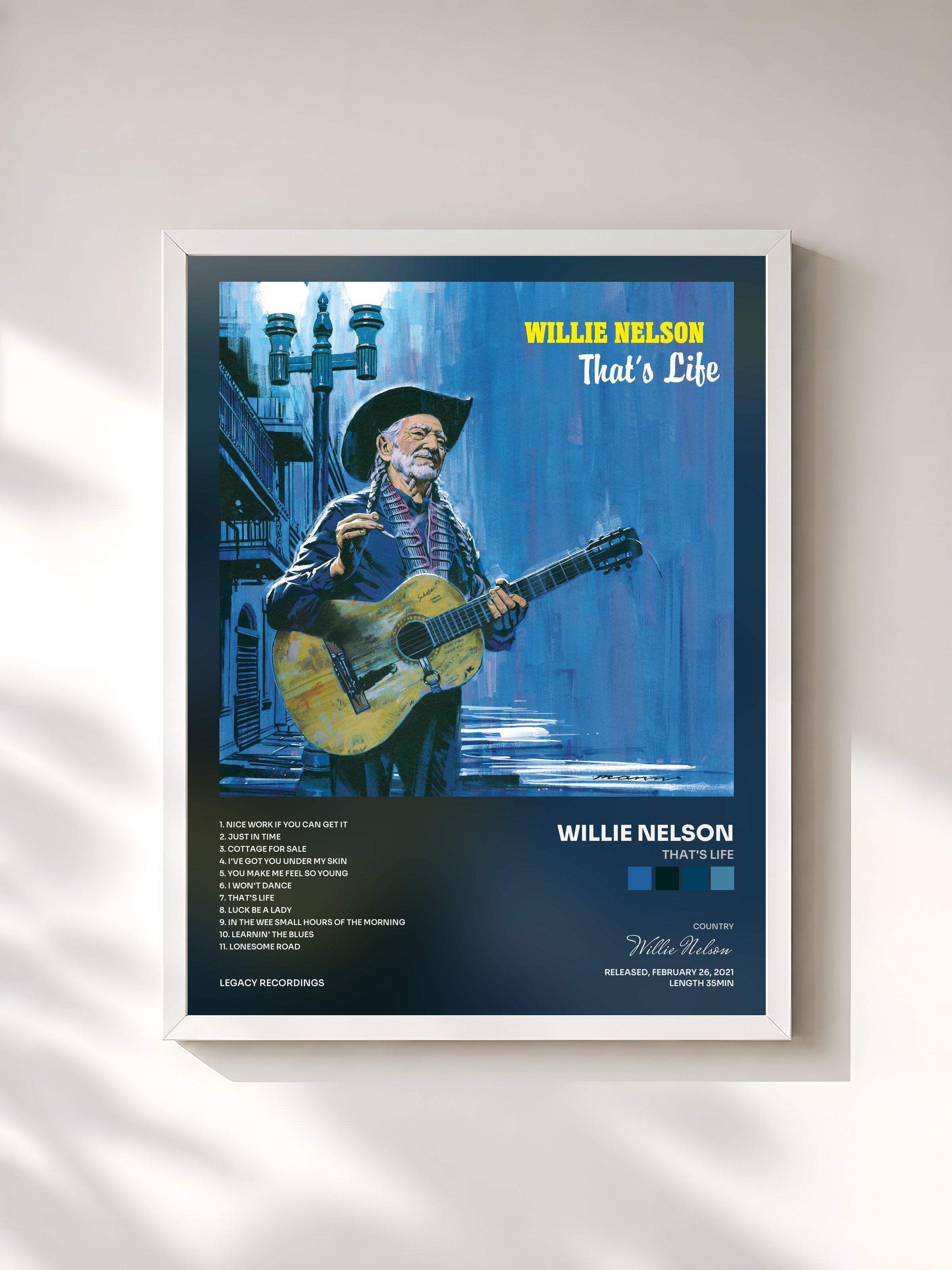#blanc Tableau de l'album That's Life de Willie Nelson, cadre blanc, imprimé et encadré en France