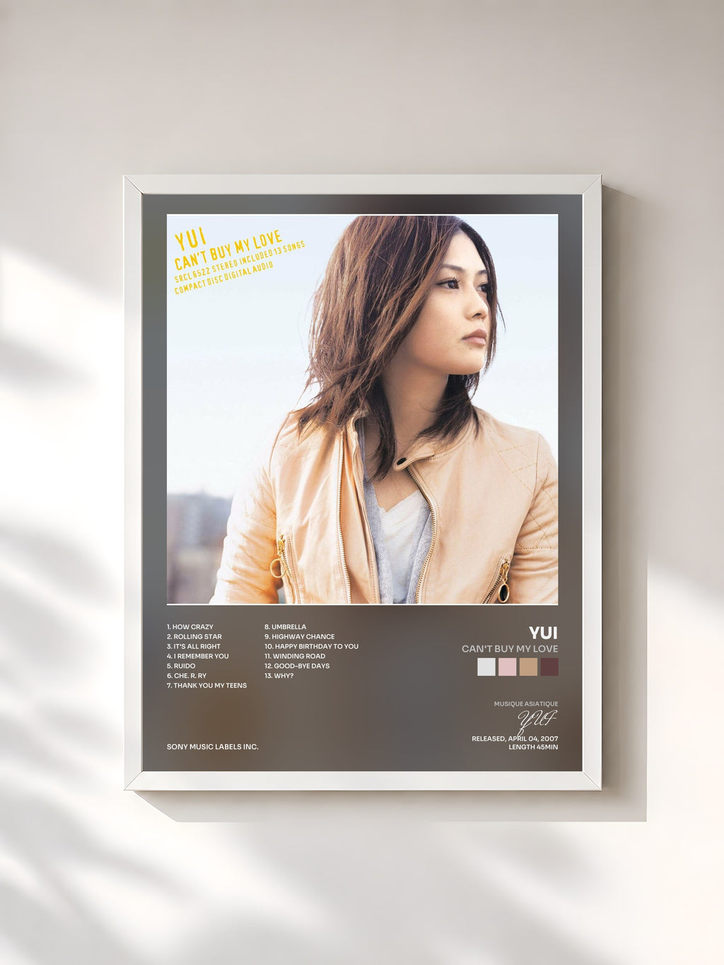 #blanc Tableau de l'album CAN'T BUY MY LOVE de YUI, cadre blanc, imprimé et encadré en France