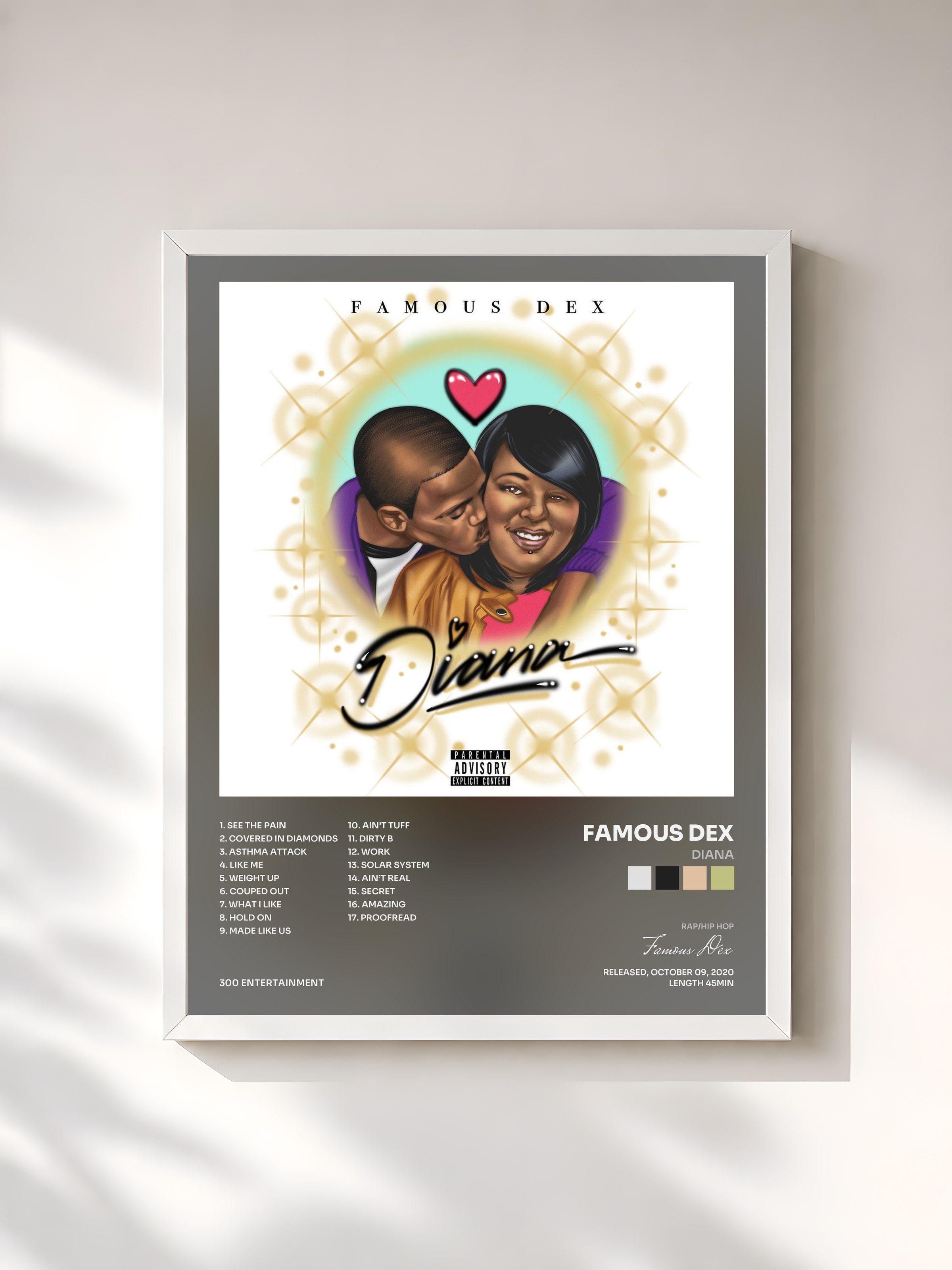 #blanc Tableau de l'album Diana de Famous Dex, cadre blanc, imprimé et encadré en France