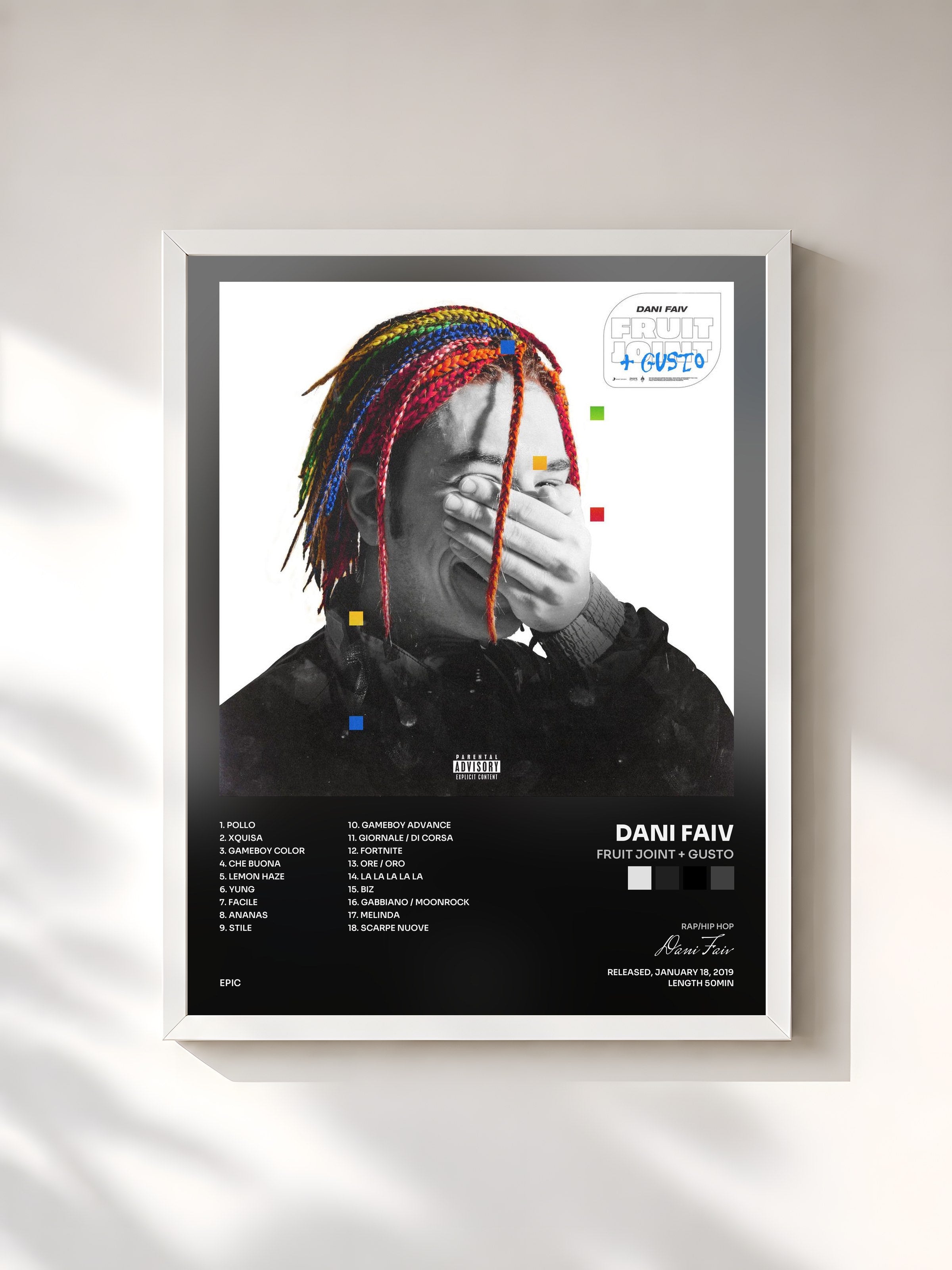 #blanc Tableau de l'album Fruit Joint + Gusto de Dani Faiv, cadre blanc, imprimé et encadré en France