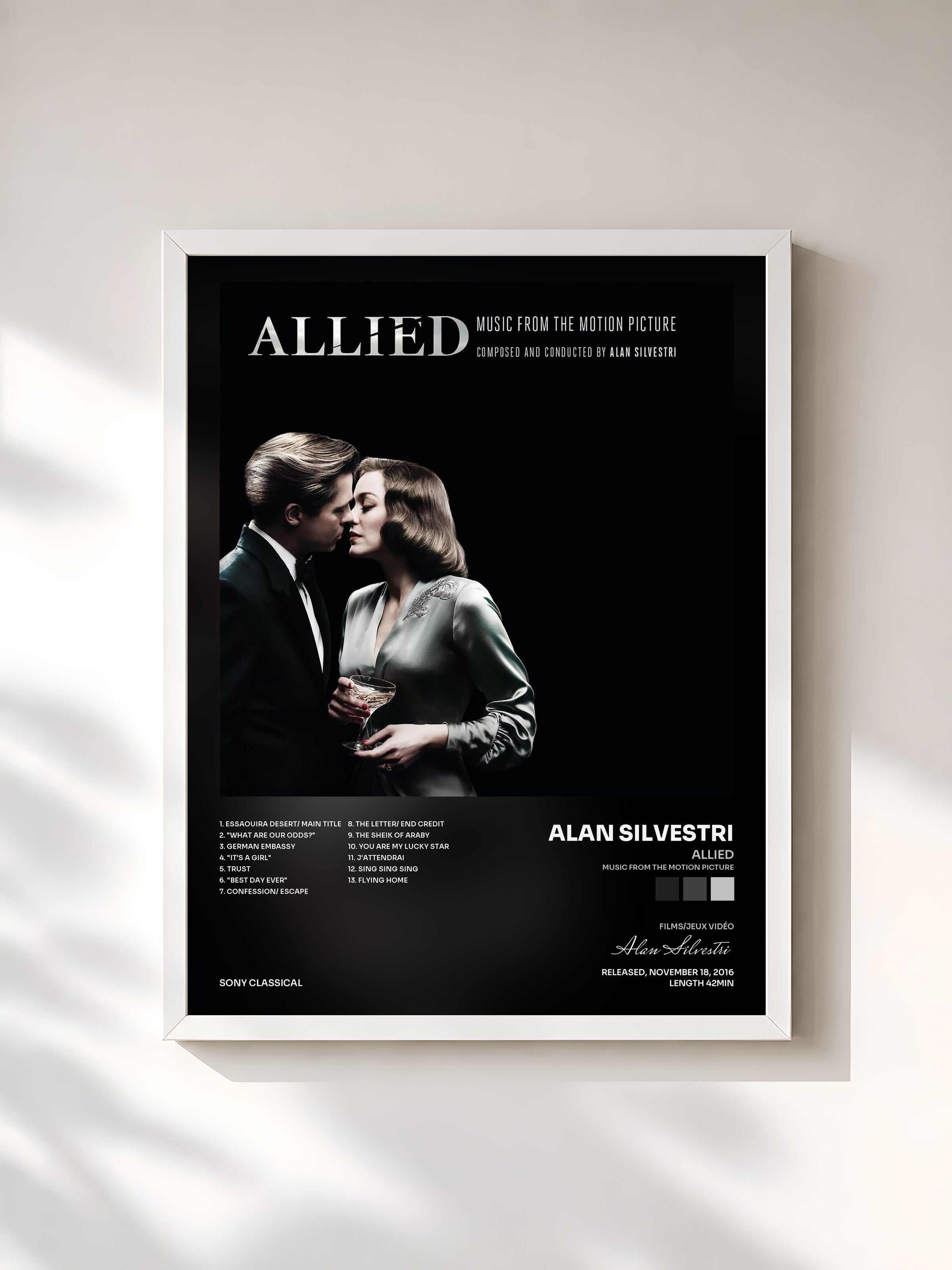 #blanc Tableau de l'album Allied (Music from the Motion Picture) de Alan Silvestri, cadre blanc, imprimé et encadré en France