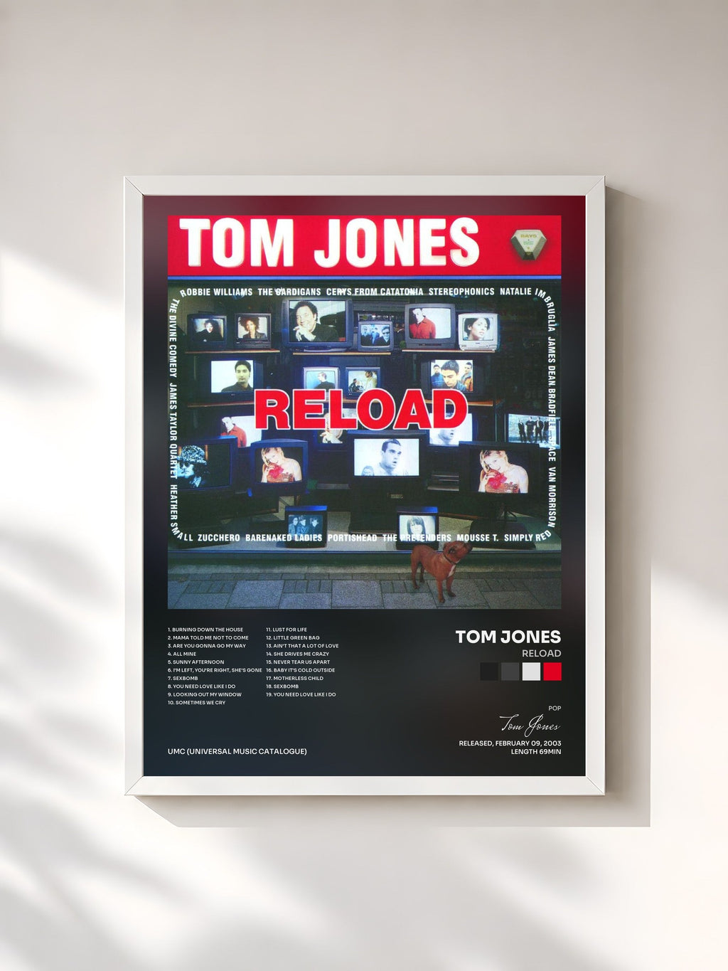 #blanc Reload de Tom Jones en lámina enmarcada, marco blanco, impresa y enmarcada en Francia