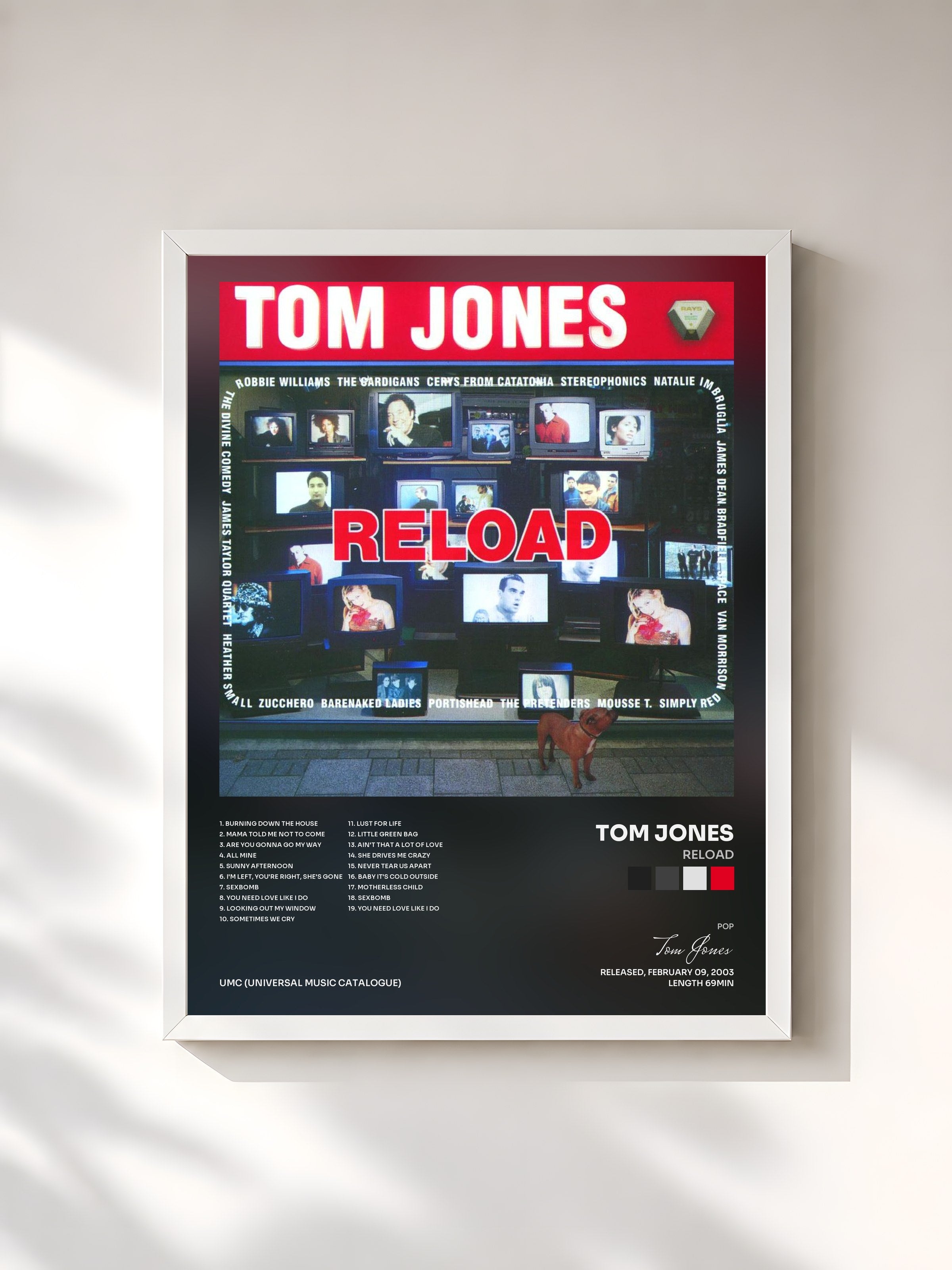 #blanc Tableau de l'album Reload de Tom Jones, cadre blanc, imprimé et encadré en France