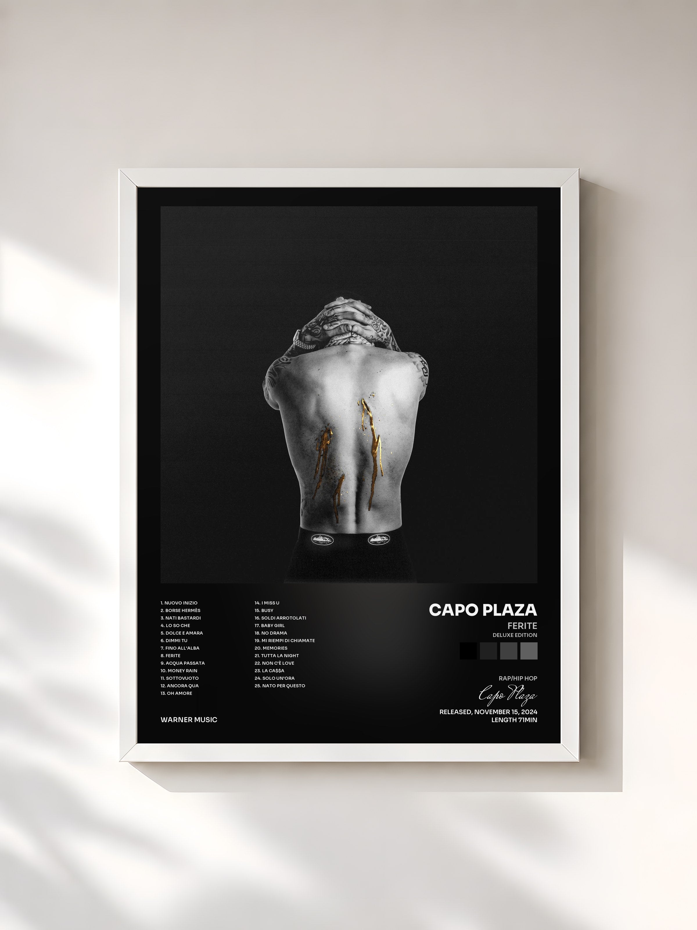 #blanc Tableau de l'album FERITE (Deluxe Edition) de Capo Plaza, cadre blanc, imprimé et encadré en France