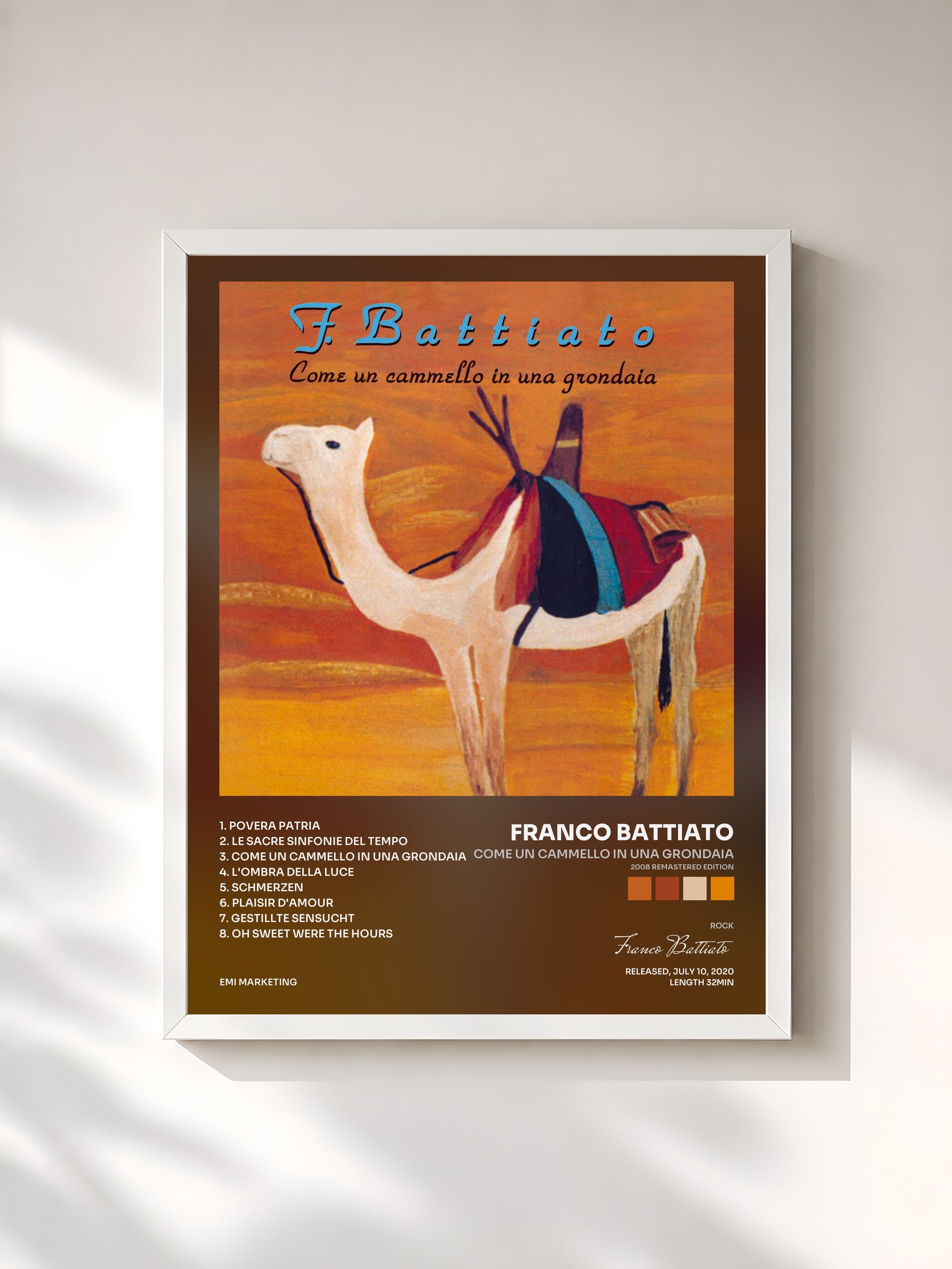 #blanc Tableau de l'album Come Un Cammello In Una Grondaia (2008 Remastered Edition) de Franco Battiato, cadre blanc, imprimé et encadré en France