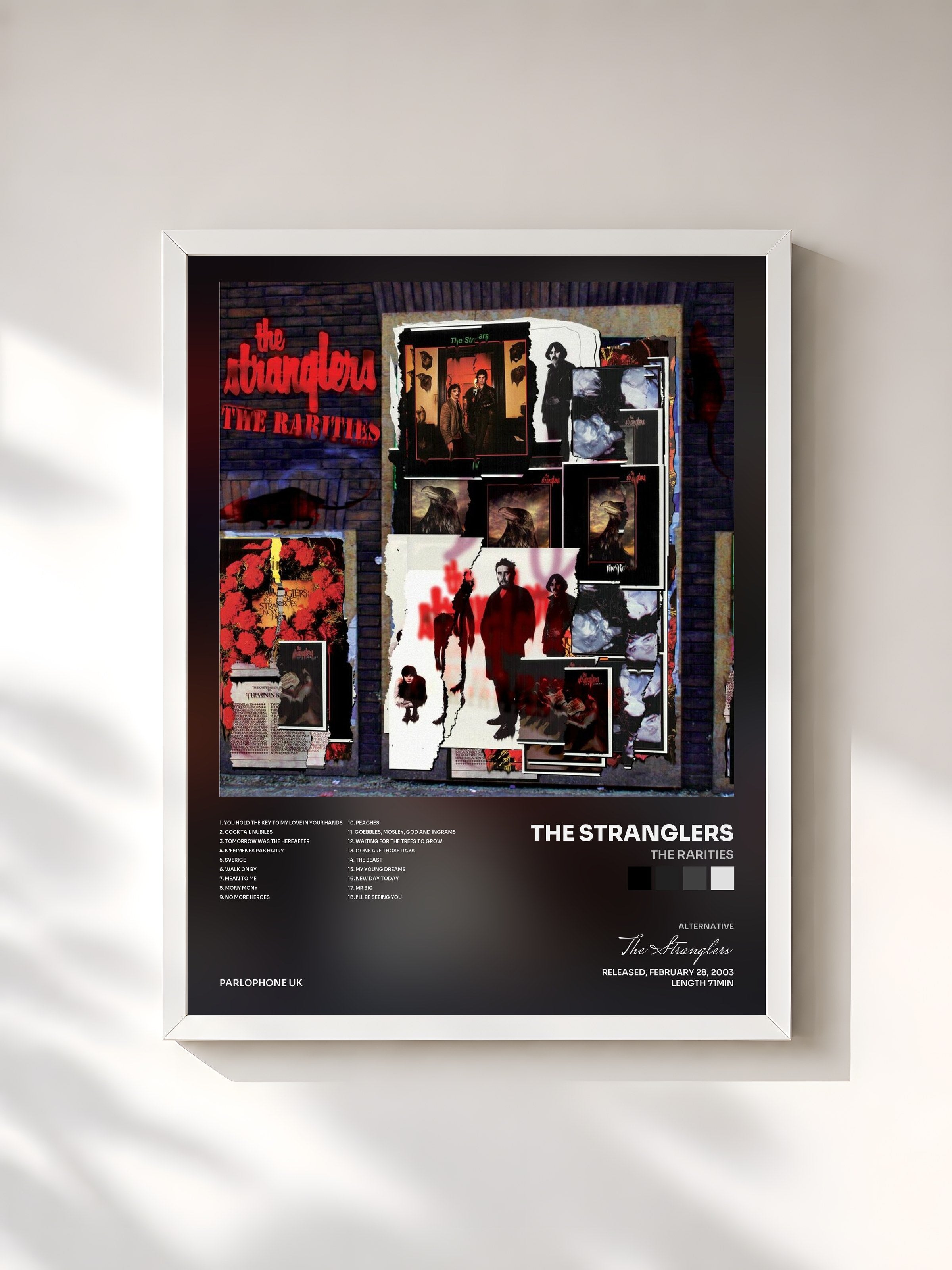 #blanc Tableau de l'album The Rarities de The Stranglers, cadre blanc, imprimé et encadré en France