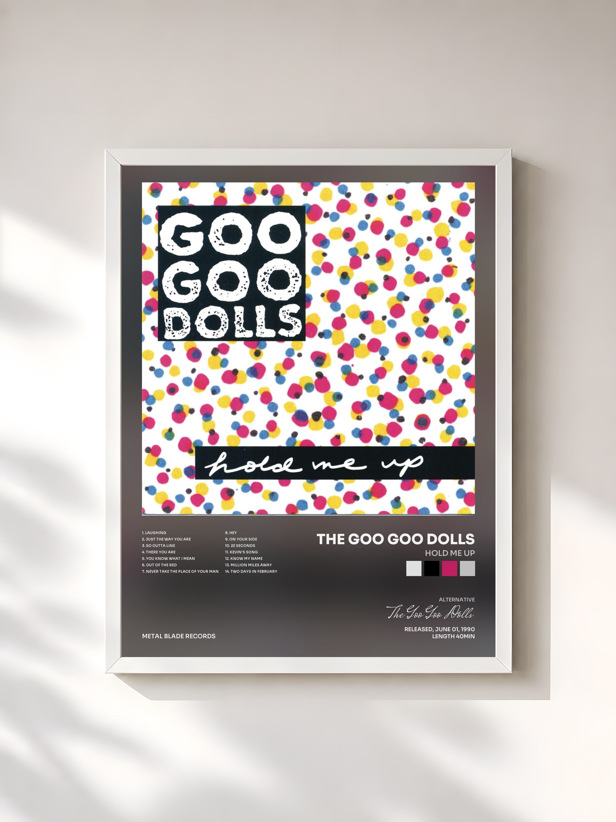 #blanc Tableau de l'album Hold Me Up de The Goo Goo Dolls, cadre blanc, imprimé et encadré en France
