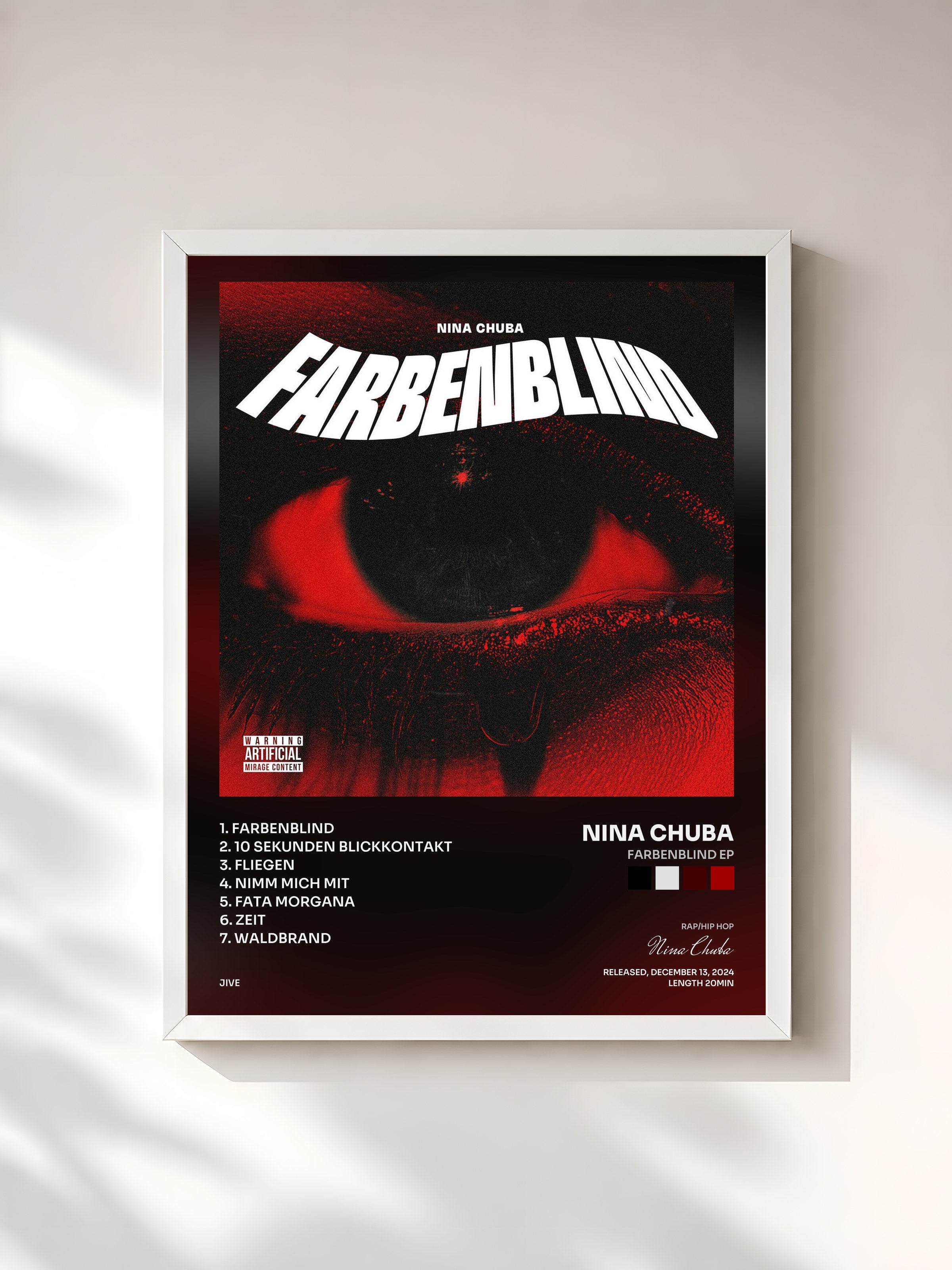 #blanc Tableau de l'album Farbenblind EP de Nina Chuba, cadre blanc, imprimé et encadré en France