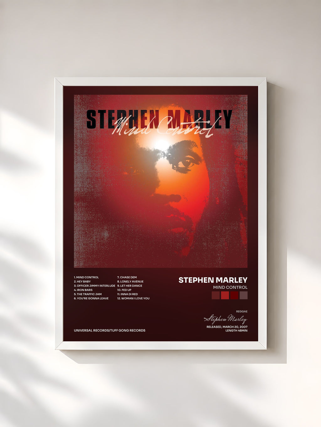 #blanc Tableau de l'album Mind Control de Stephen Marley, cadre blanc, imprimé et encadré en France