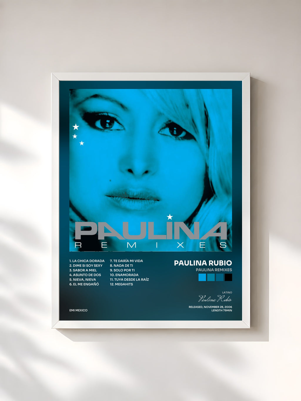 #blanc Tableau de l'album Paulina Remixes de Paulina Rubio, cadre blanc, imprimé et encadré en France