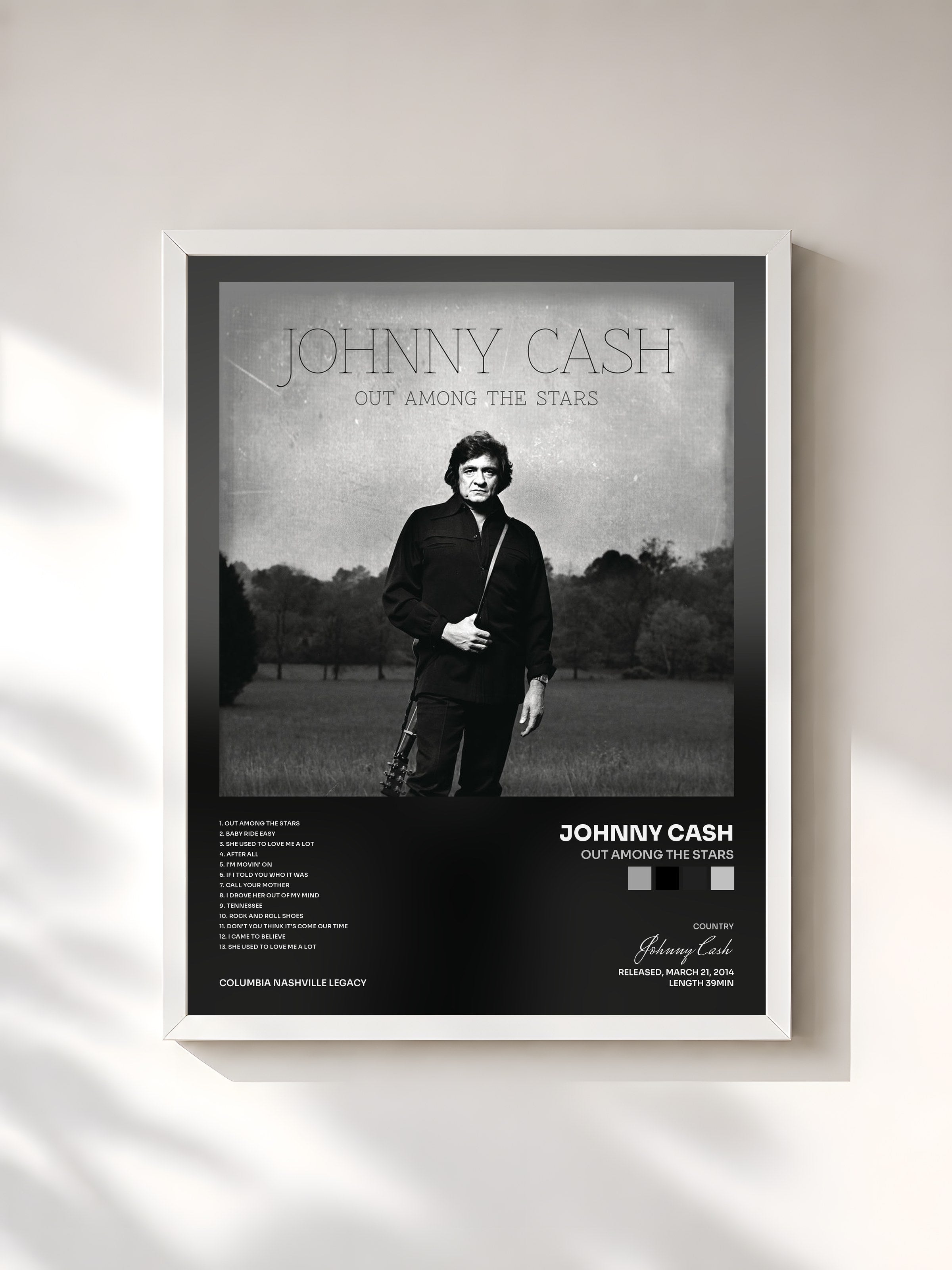 #blanc Tableau de l'album Out Among The Stars de Johnny Cash, cadre blanc, imprimé et encadré en France