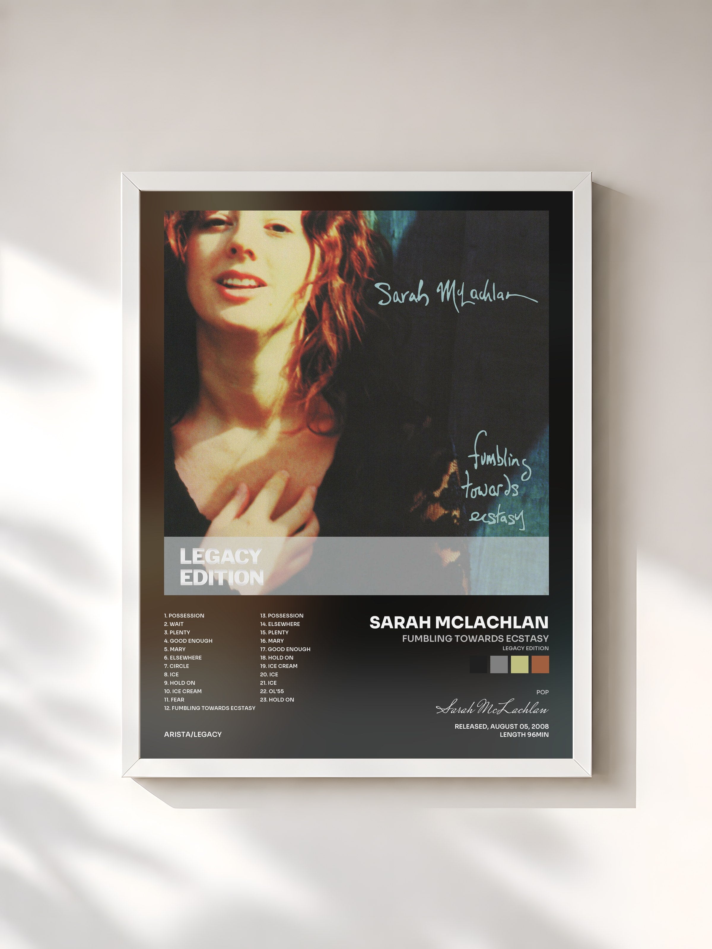 #blanc Tableau de l'album Fumbling Towards Ecstasy (Legacy Edition) de Sarah McLachlan, cadre blanc, imprimé et encadré en France