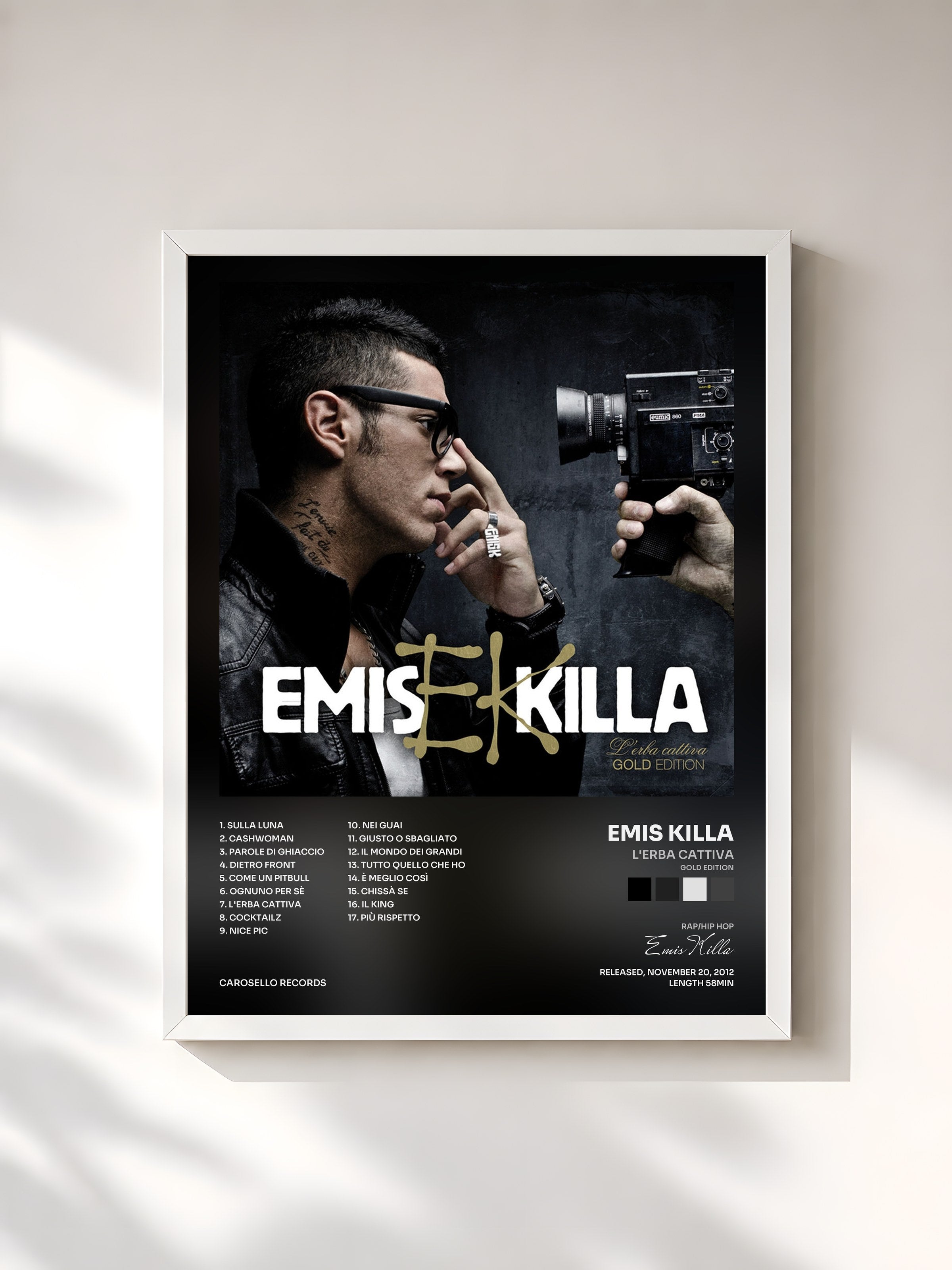#blanc Tableau de l'album L'erba cattiva (Gold Edition) de Emis Killa, cadre blanc, imprimé et encadré en France