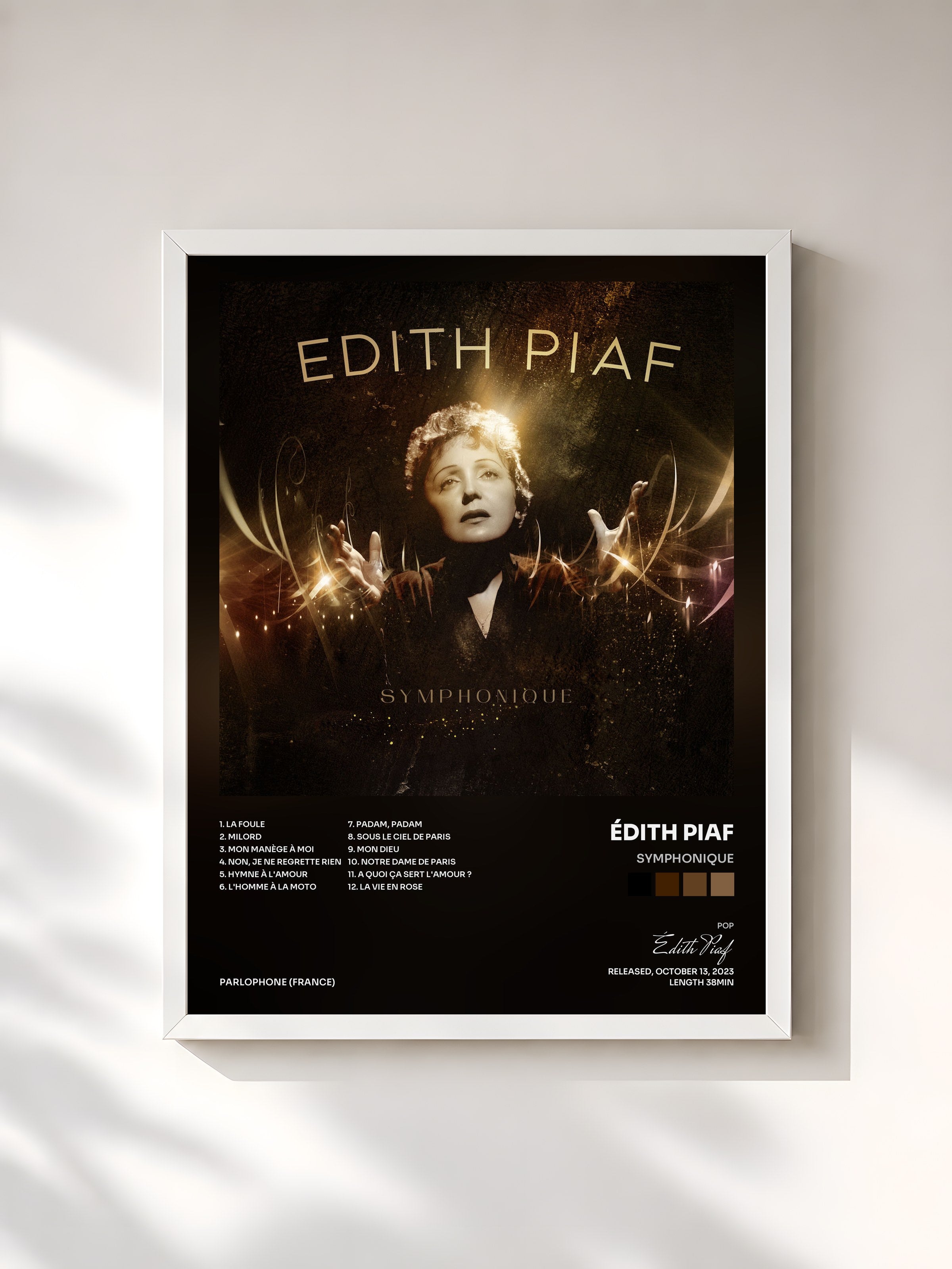 #blanc Tableau de l'album Symphonique de Édith Piaf, cadre blanc, imprimé et encadré en France