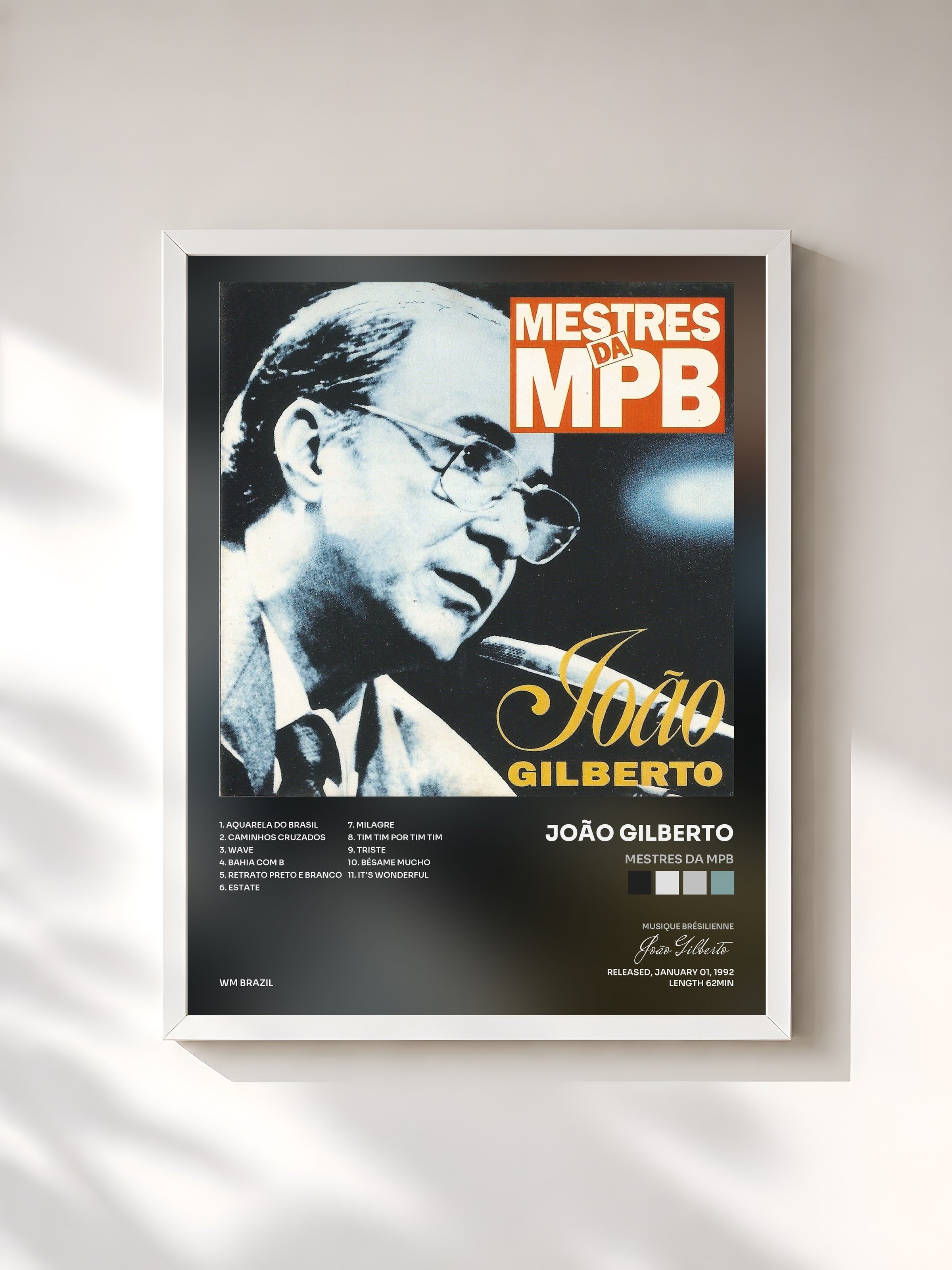 #blanc Tableau de l'album Mestres da Mpb de João Gilberto, cadre blanc, imprimé et encadré en France